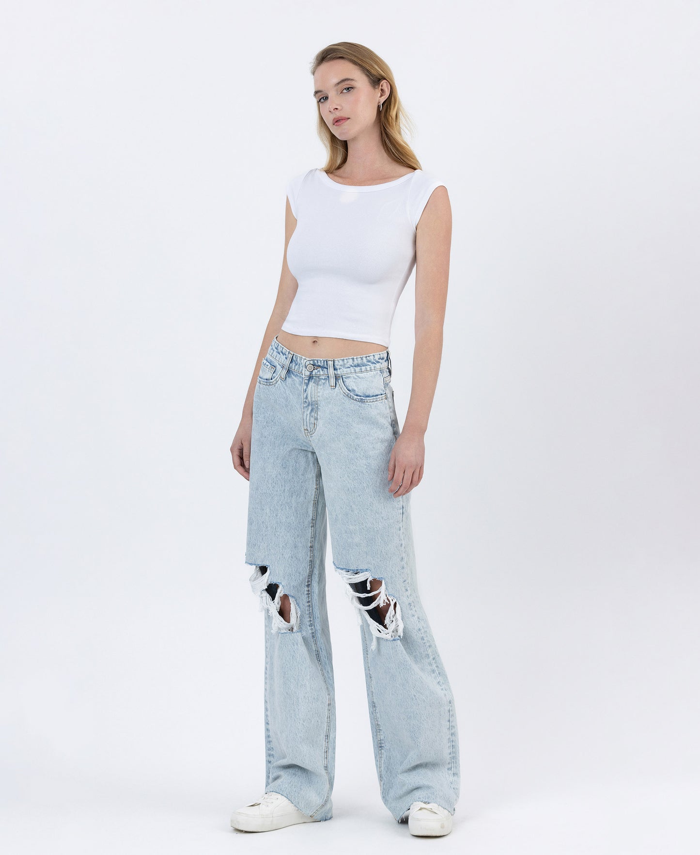 Left 45 degrees product image of Rejoicer - High Rise Distressed Long Baggy Wide Leg Jeans