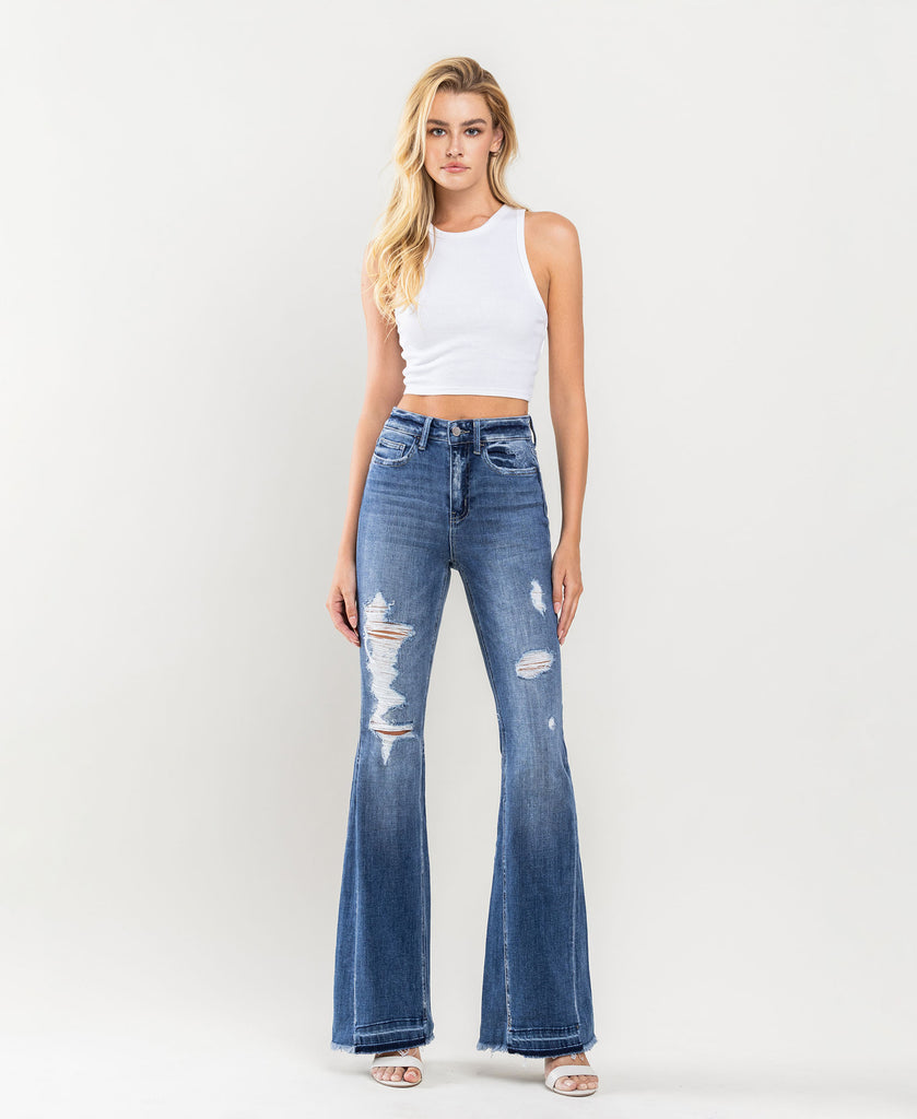 Front product images of Farewell - High Rise Distressed Insert Panel Released Hem Flare Jeans