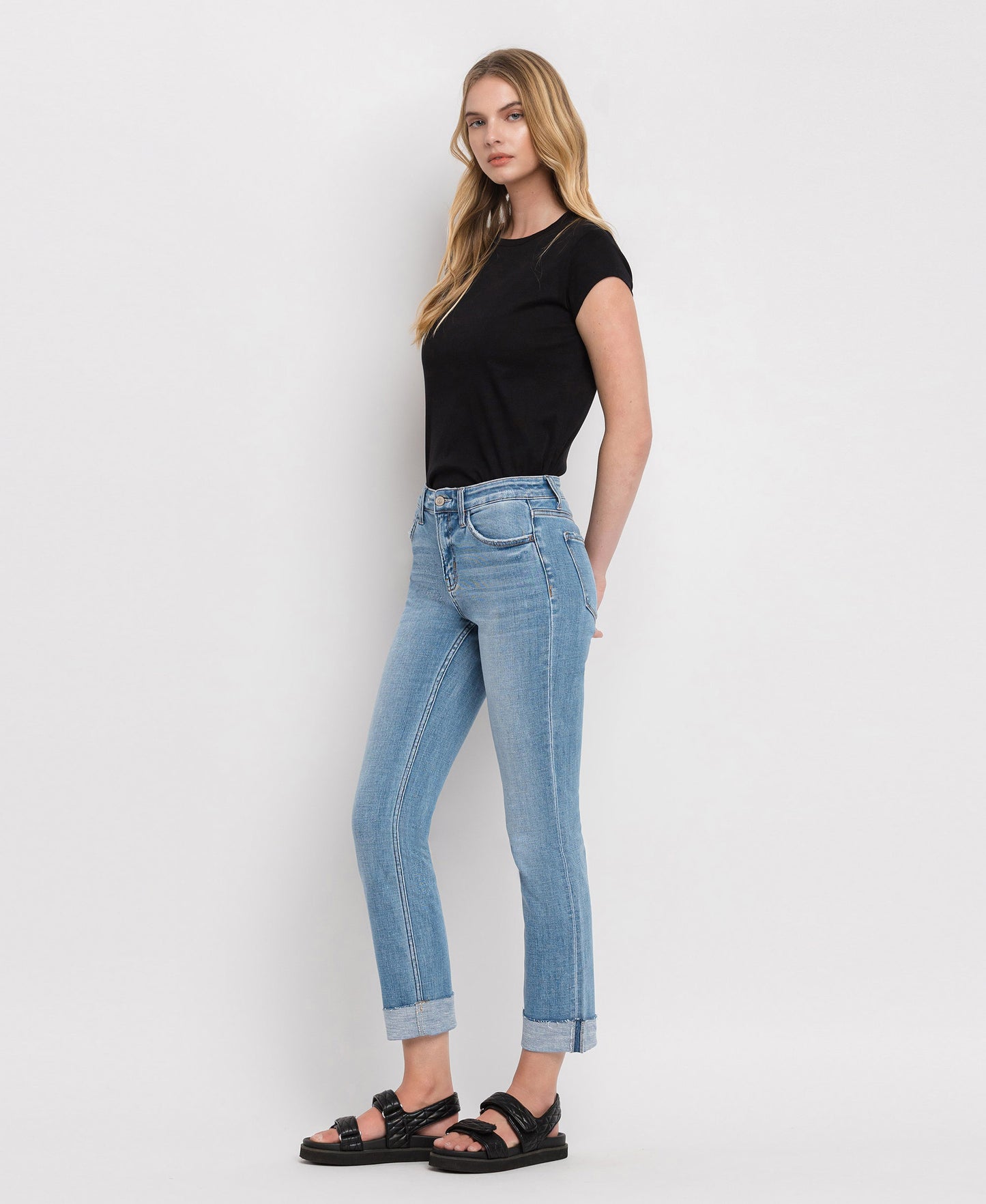 Left 45 degrees product image of Janet - Mid Rise Cuffed Cropped Straight Jeans