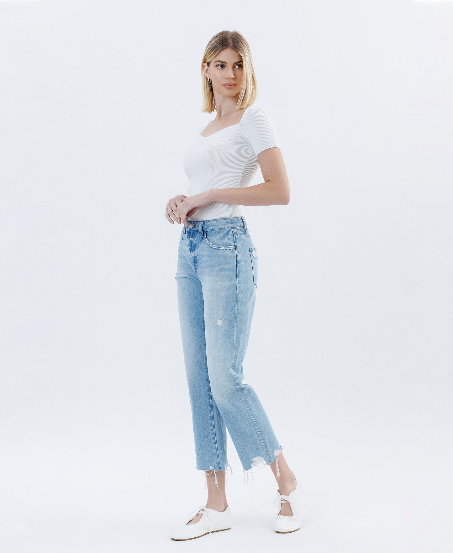 Left side product images of Angie - High Rise Vintage Straight Denim Jeans Crop with Distressed Hem
