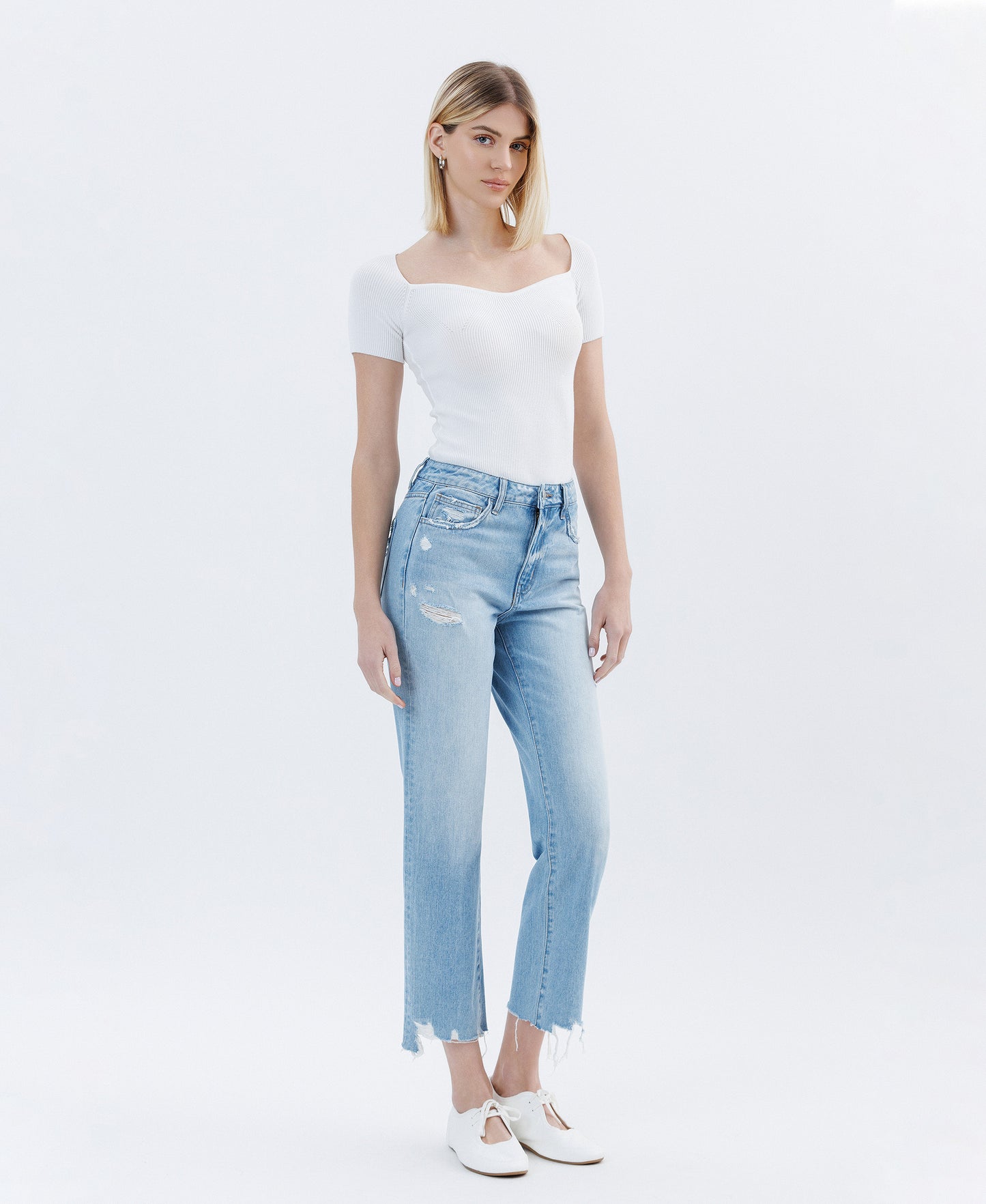 Right 45 degrees product image of Angie - High Rise Vintage Straight Denim Jeans Crop with Distressed Hem