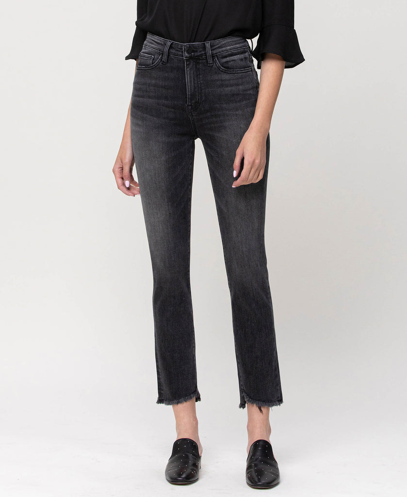 Front product images of Delta Dawn - High Rise Straight Crop Jeans with Uneven Hem