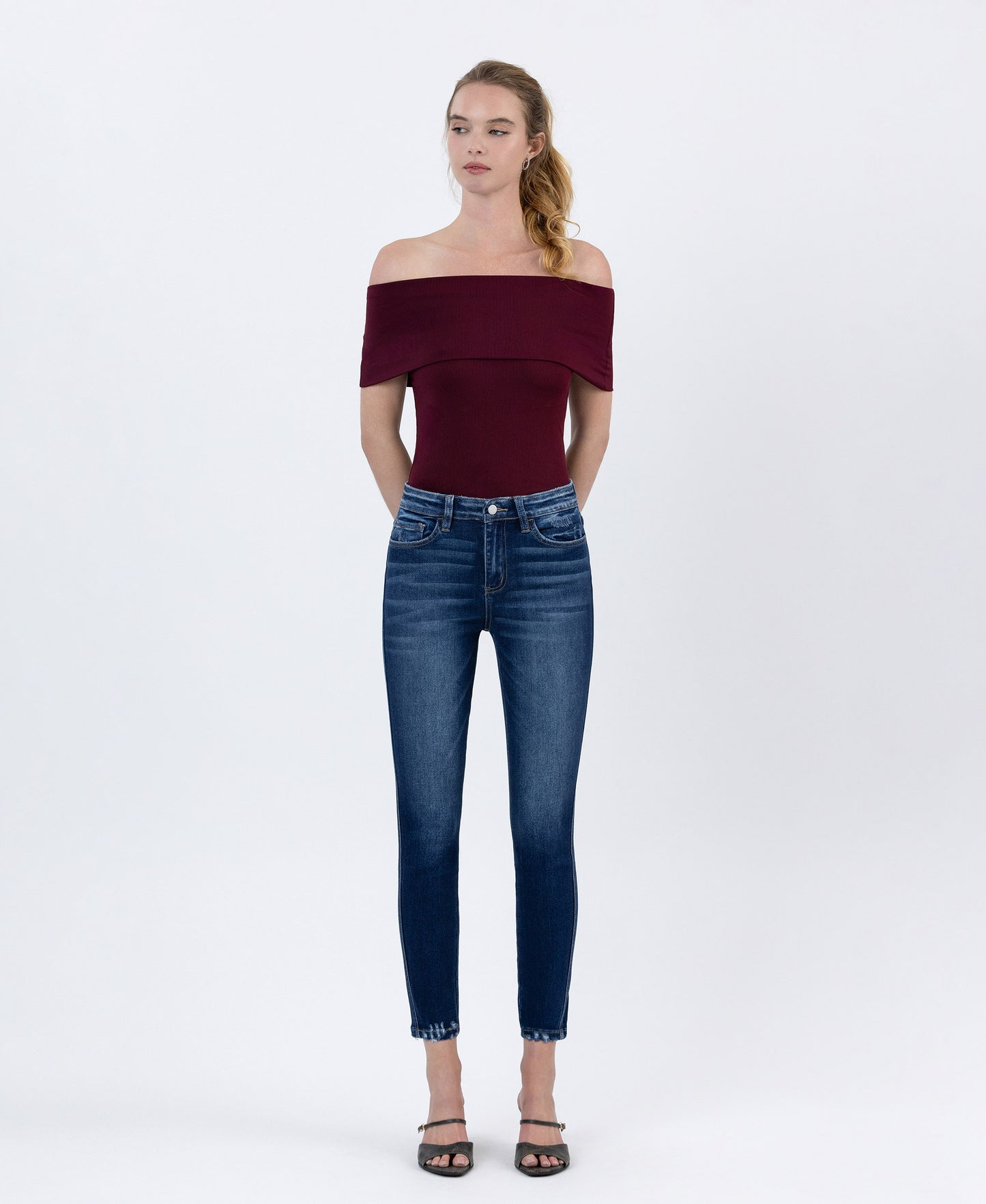 Front product images of Catch the Breeze - High Rise Forward Out seam Crop Skinny Jeans
