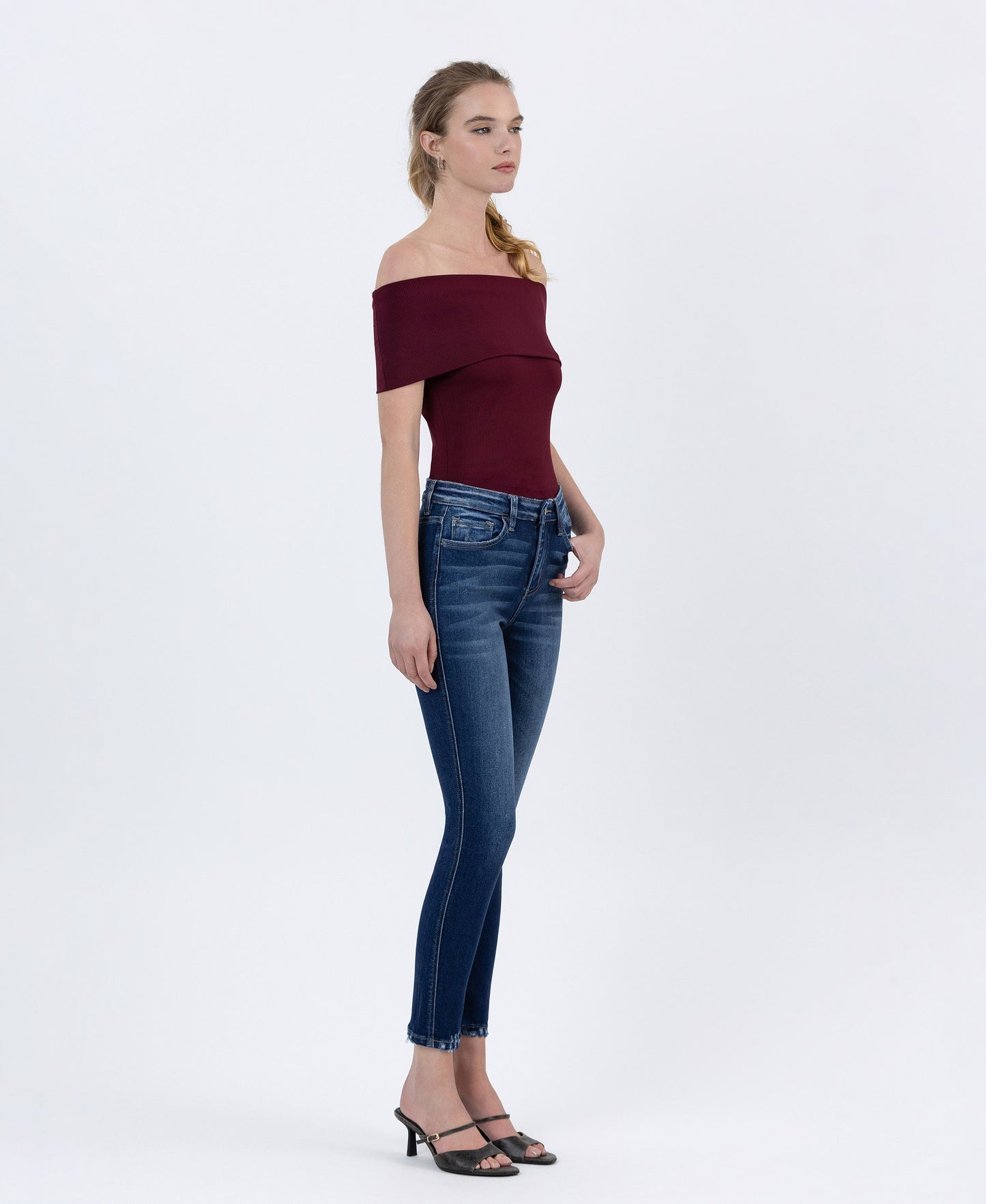 Left 45 degrees product image of Catch the Breeze - High Rise Forward Out seam Crop Skinny Jeans