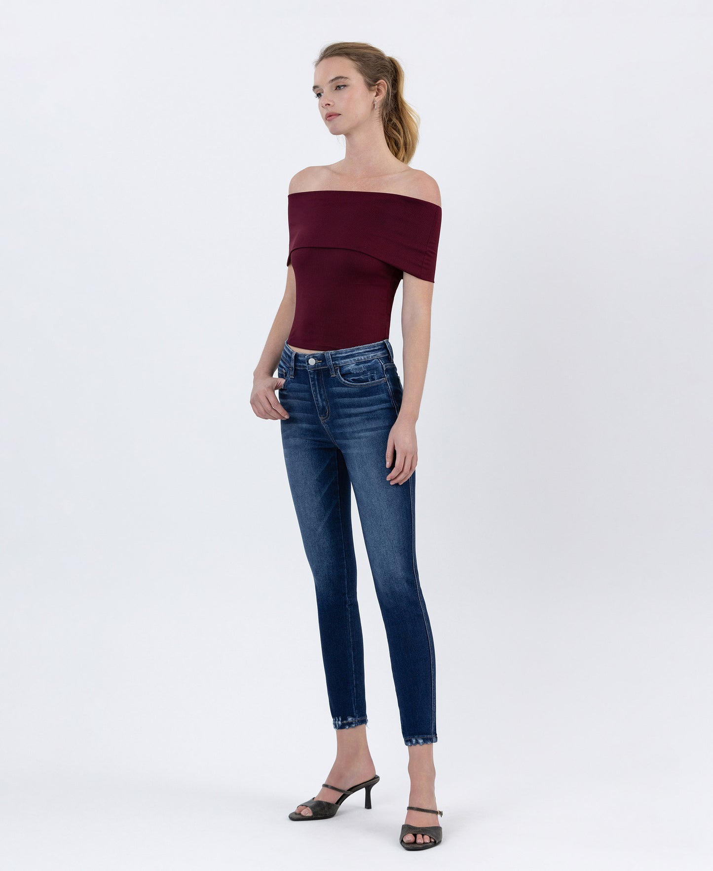Right 45 degrees product image of Catch the Breeze - High Rise Forward Out seam Crop Skinny Jeans