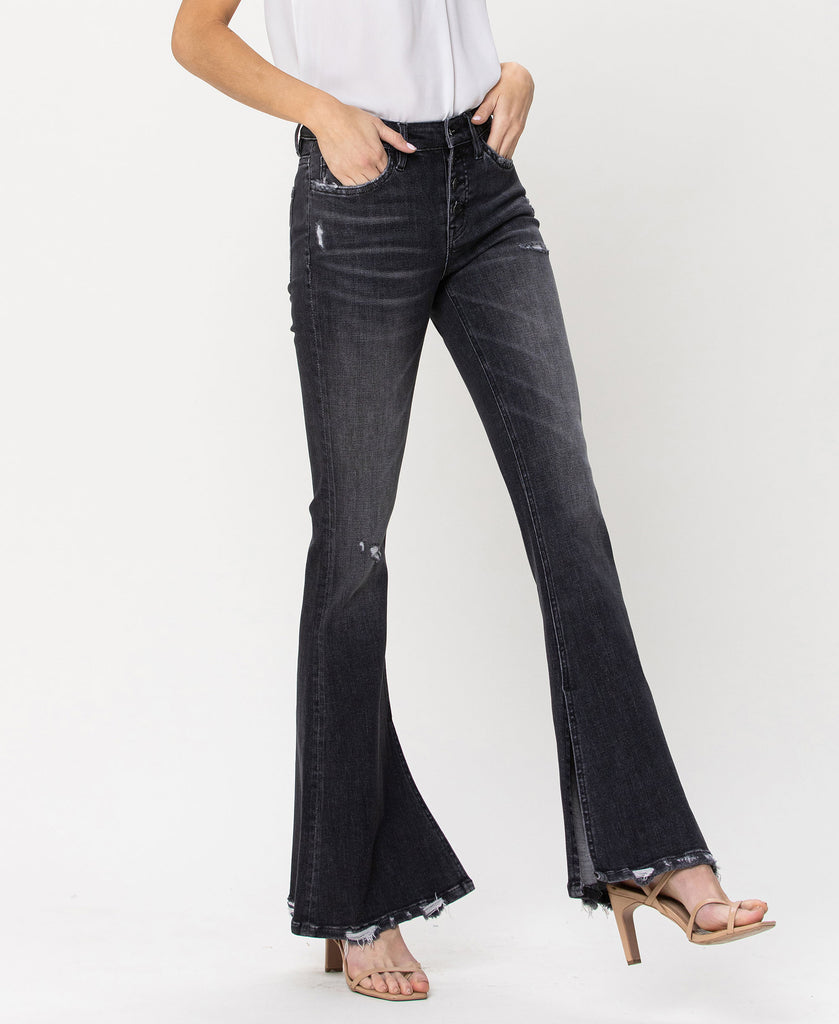Right 45 degrees product image of Wind Snap - Mid Rise Flare Jeans W Exposed Button Fly & Slit Detail