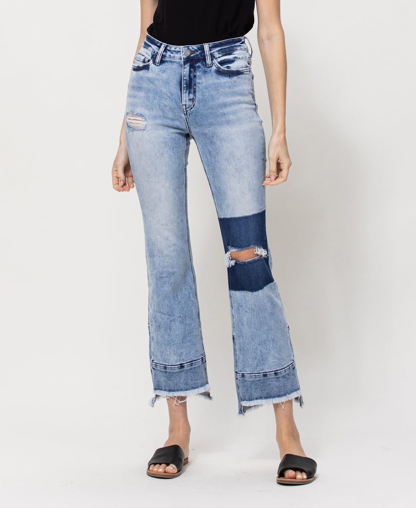 Front product images of The Pond - High Rise Ankle Flare Jeans with Contrast Panels and Step Hem