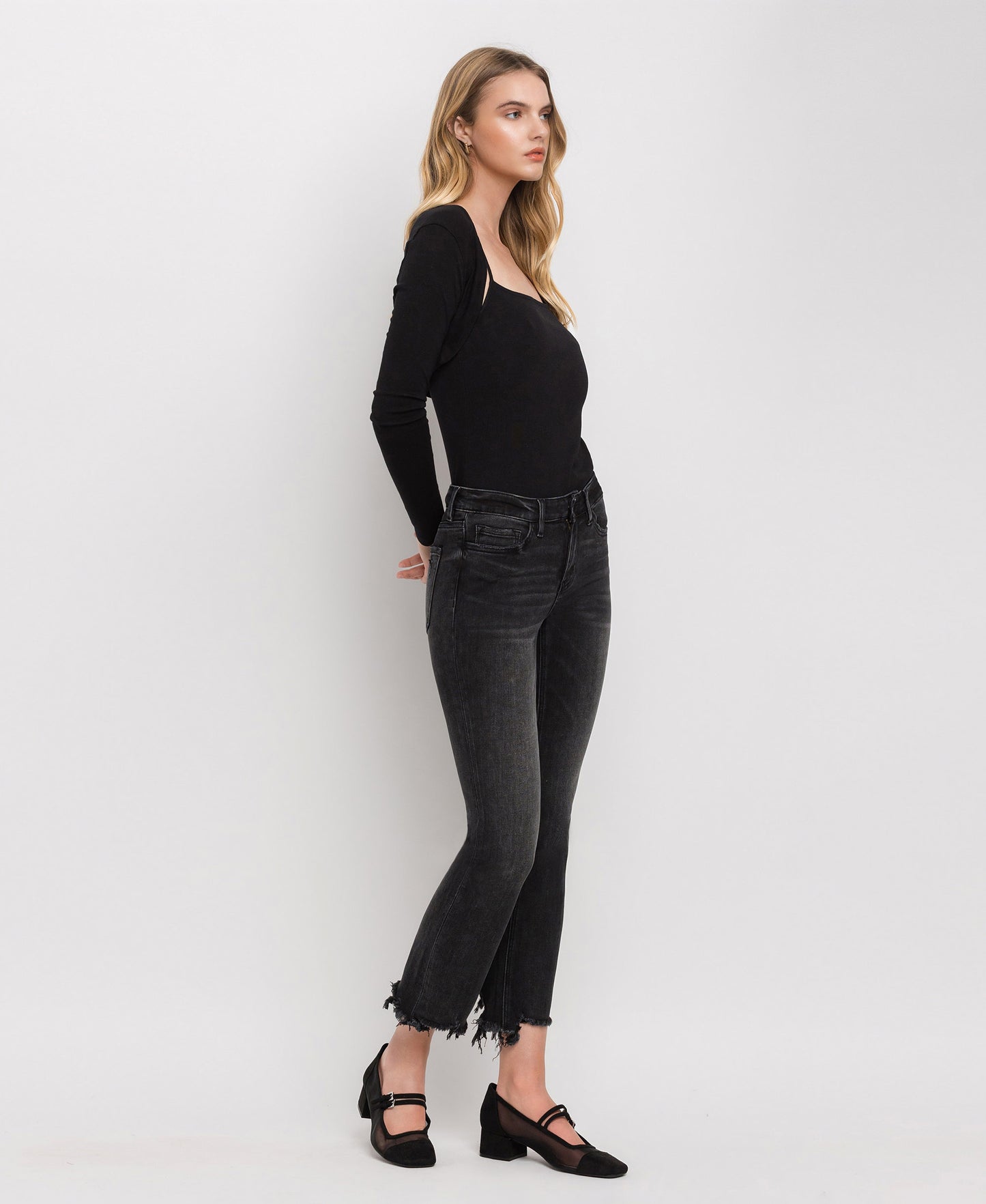 Right 45 degrees product image of Trial Thing - Mid Rise Release Distressed Hem Crop Flare