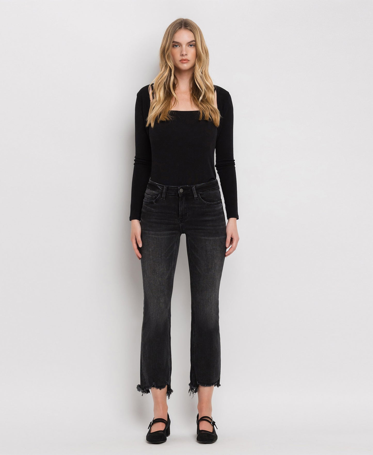 Front product images of Trial Thing - Mid Rise Release Distressed Hem Crop Flare