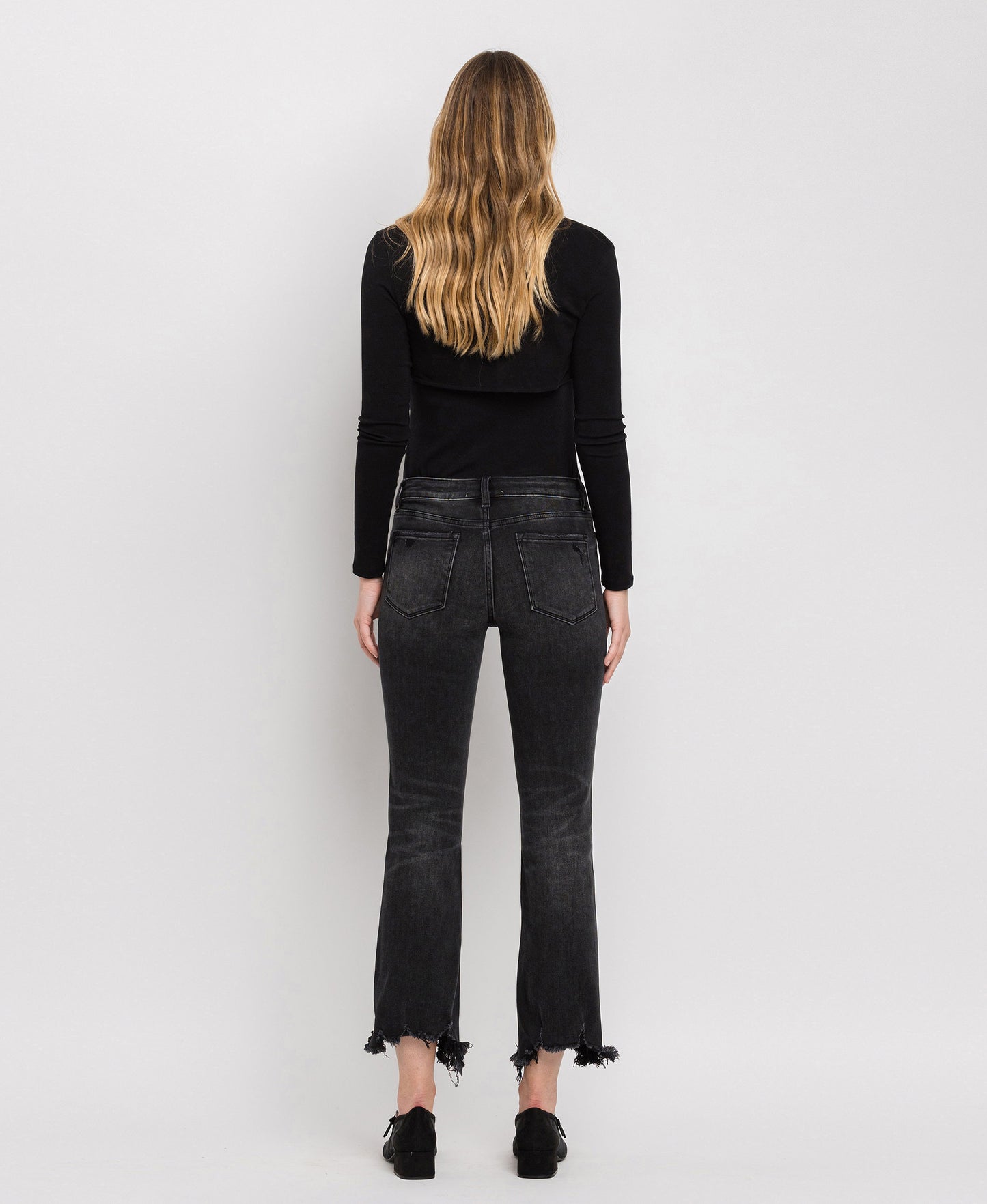 Back product images of Trial Thing - Mid Rise Release Distressed Hem Crop Flare