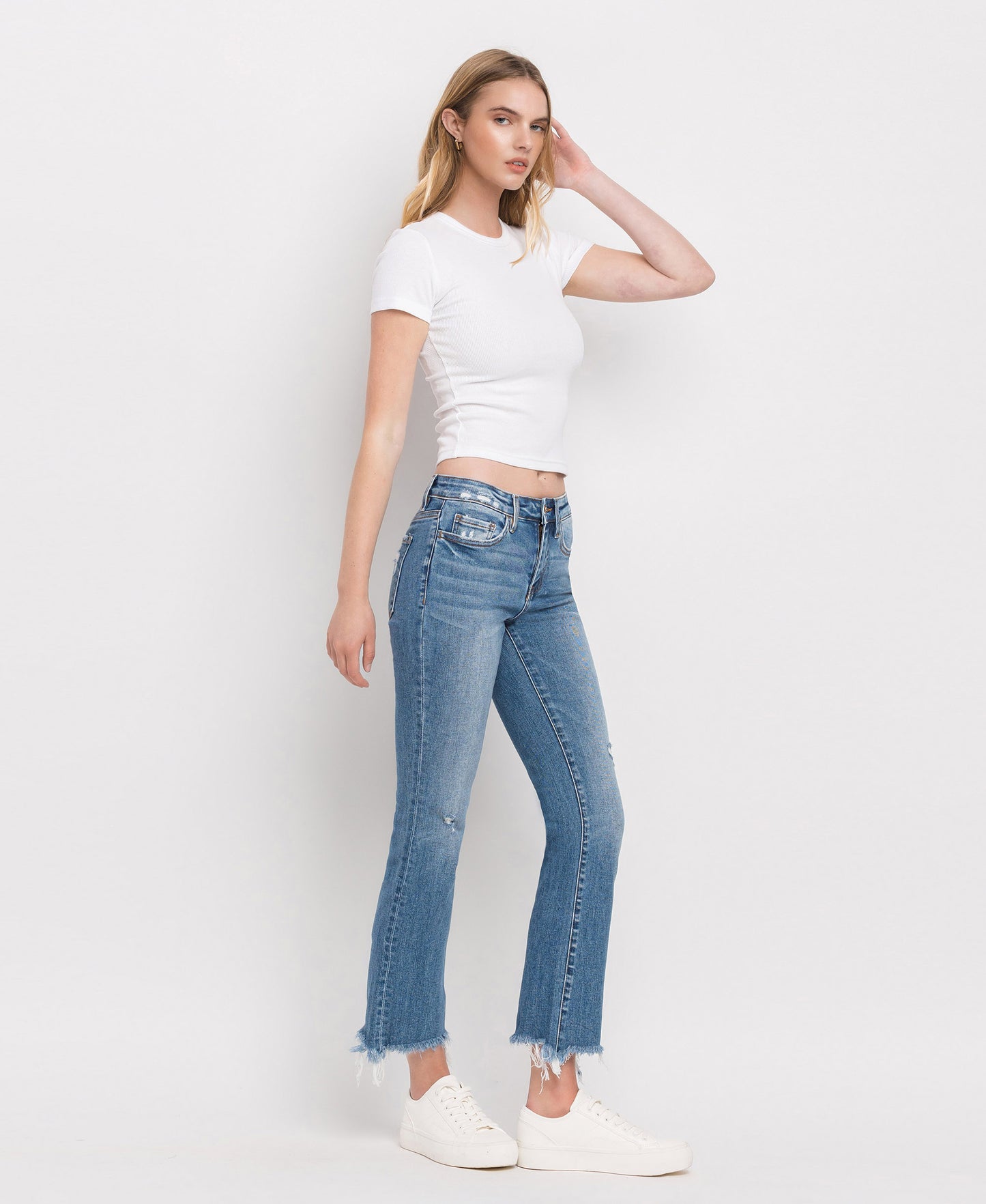 Right 45 degrees product image of Quince - Mid Rise Distressed Hem Ankle Bootcut Jeans