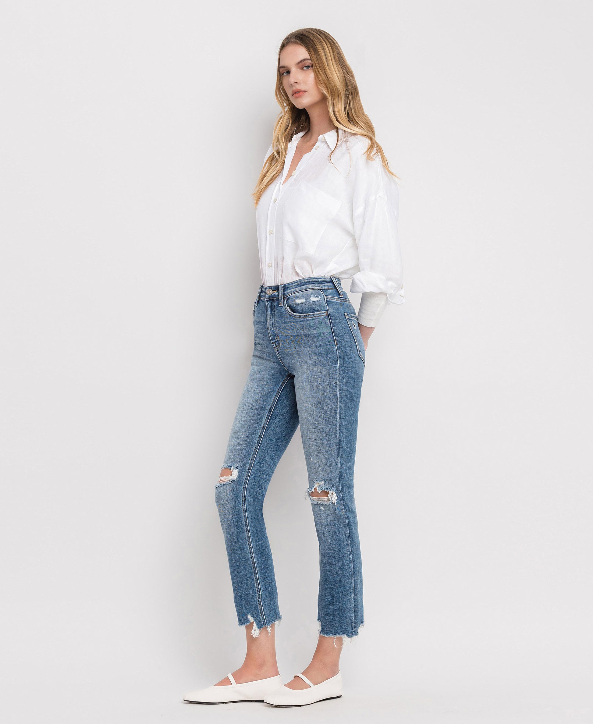 Left 45 degrees product image of Holly - High Rise Distressed Hem Ankle Slim Straight Jeans