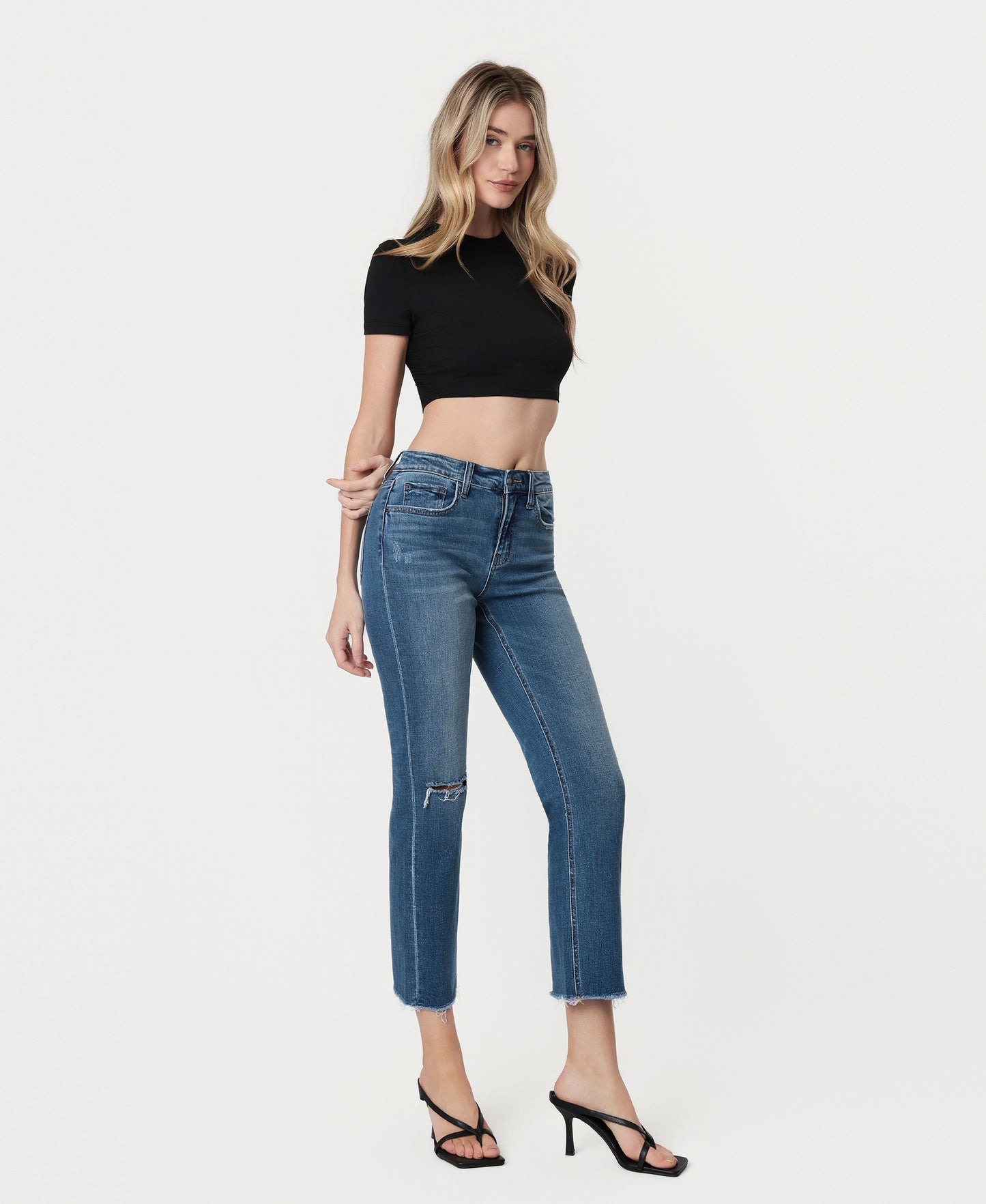 Right 45 degrees product image of Tranquility - Mid Rise Crop Straight Jeans