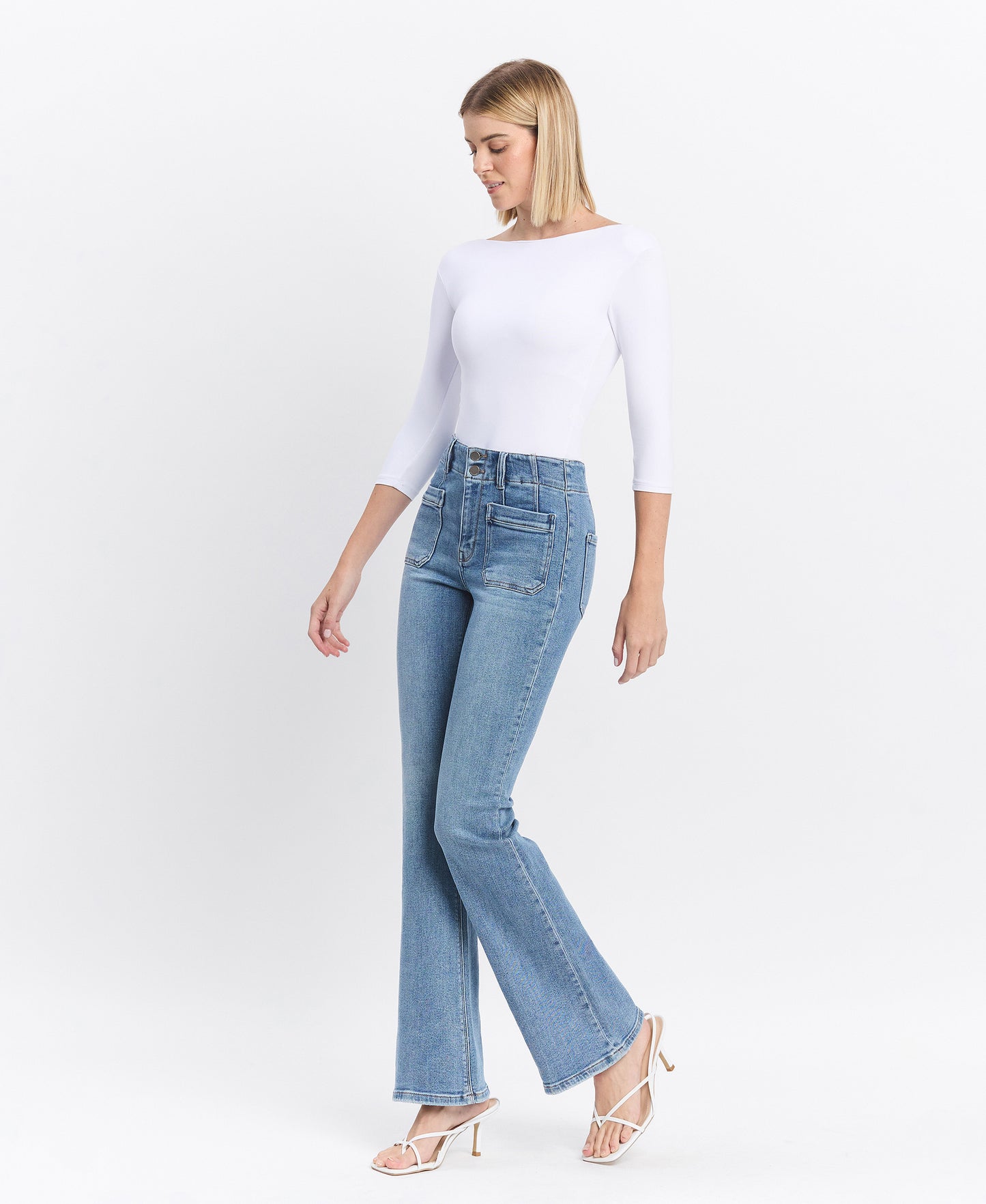 Left 45 degrees product image of Guiltless - High Rise Front Pocket W Dart Detail Flare Jeans