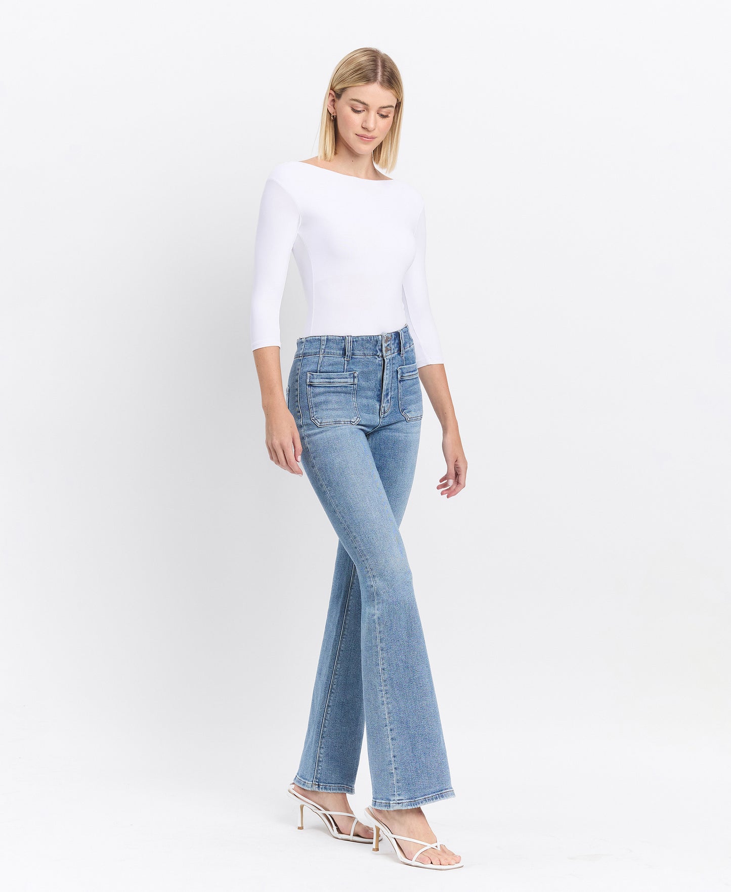Right 45 degrees product image of Guiltless - High Rise Front Pocket W Dart Detail Flare Jeans