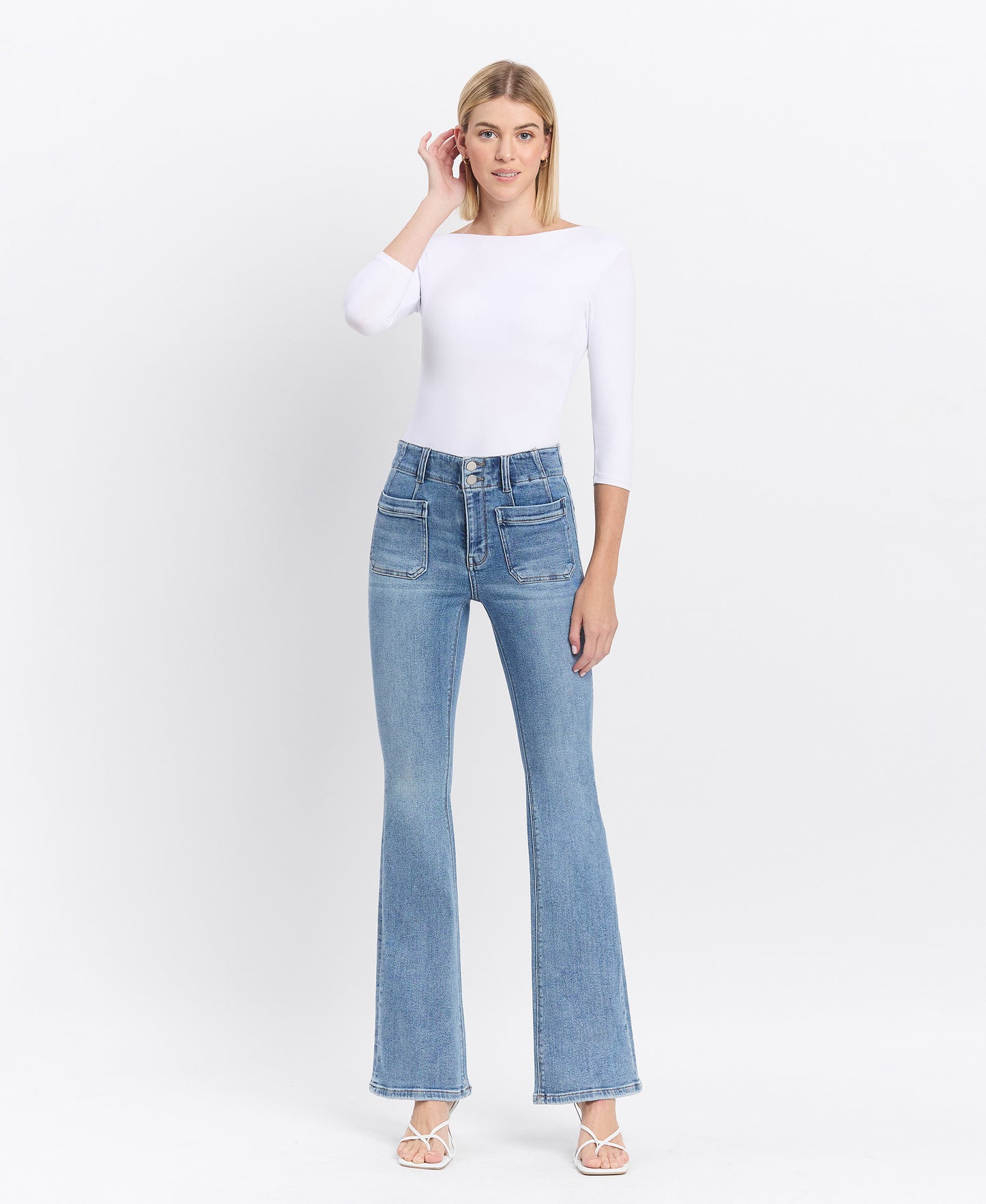 Front product images of Guiltless - High Rise Front Pocket W Dart Detail Flare Jeans