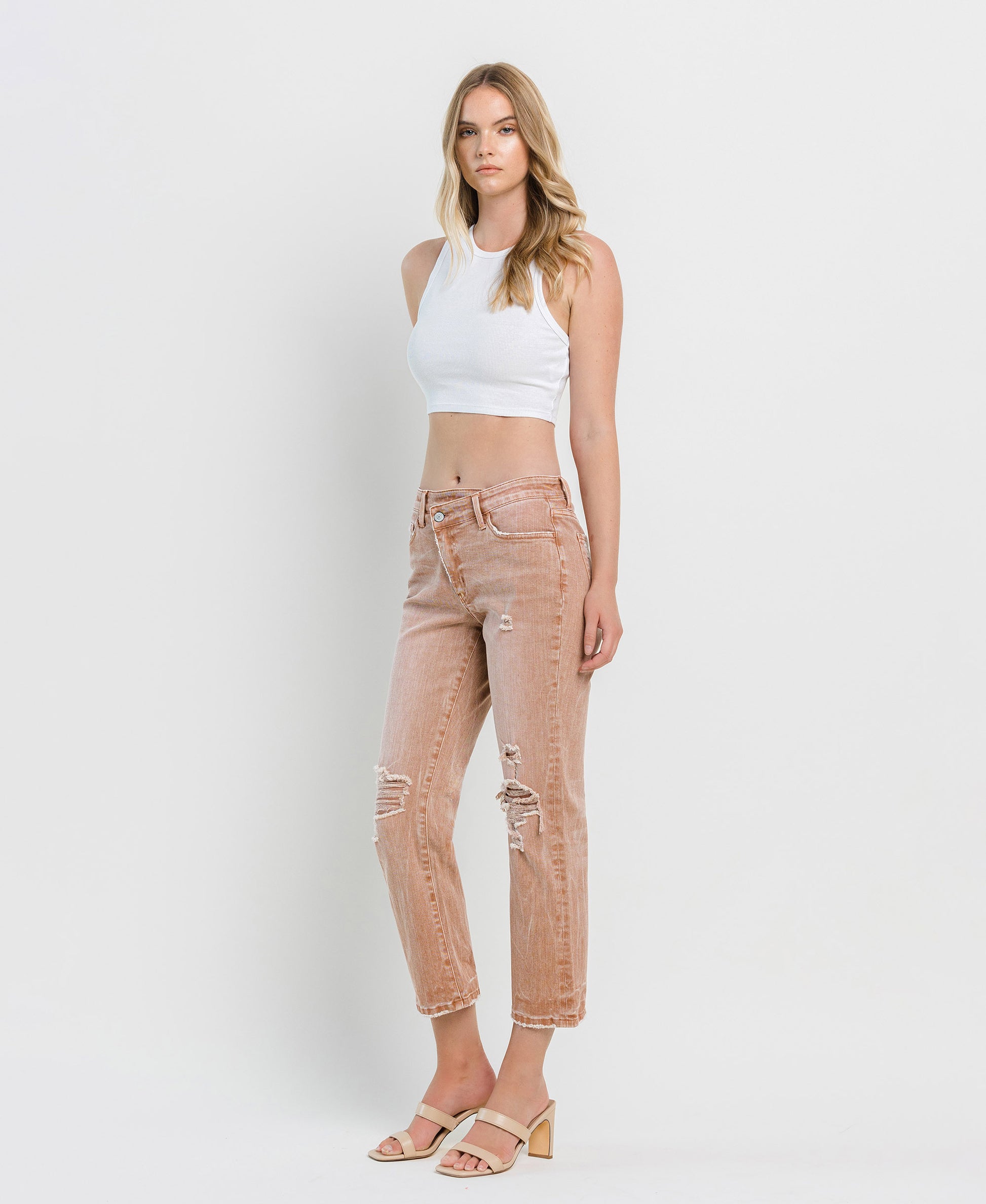 Left 45 degrees product image of Café Au Lait - High Rise Crossover Crop Straight Jeans