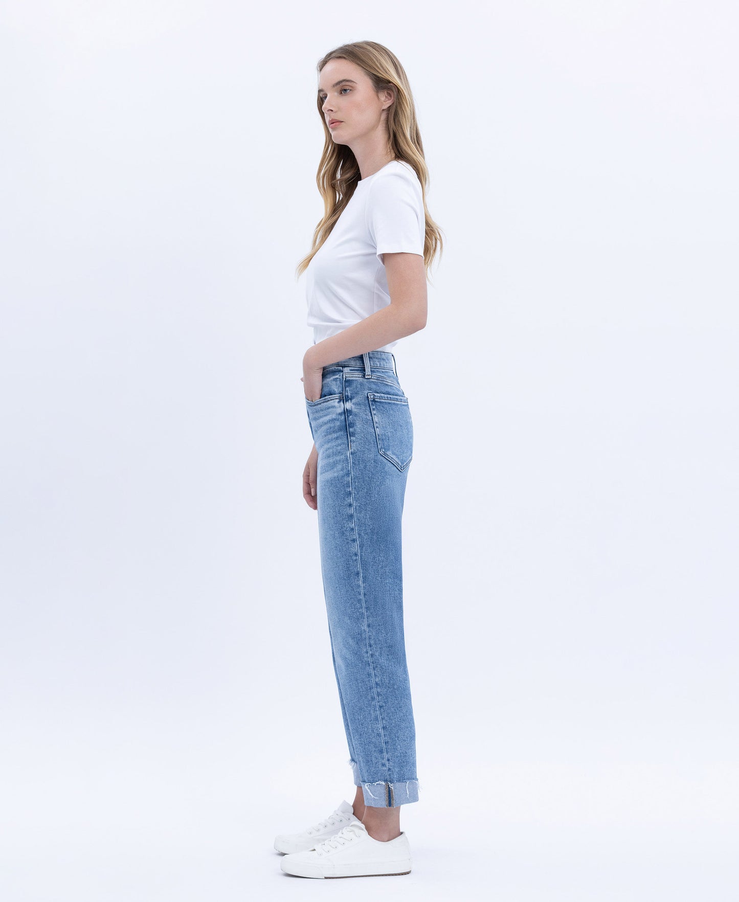 Left 45 degrees product image of Delectable - High Rise Single Cuff Crop Straight Jeans