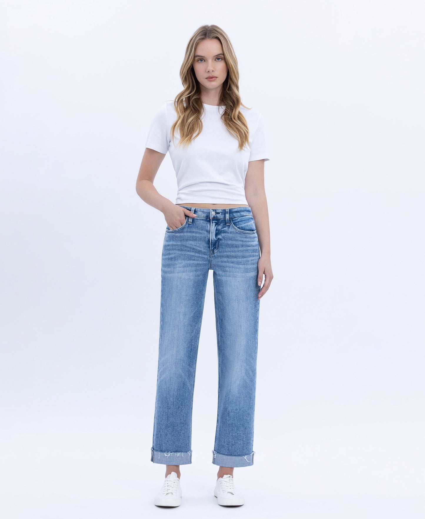 Front product images of Delectable - High Rise Single Cuff Crop Straight Jeans