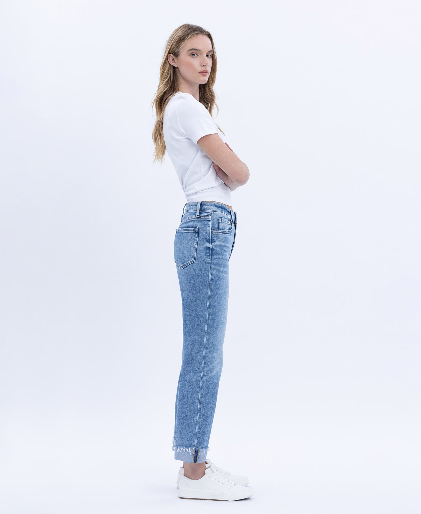 Right 45 degrees product image of Delectable - High Rise Single Cuff Crop Straight Jeans