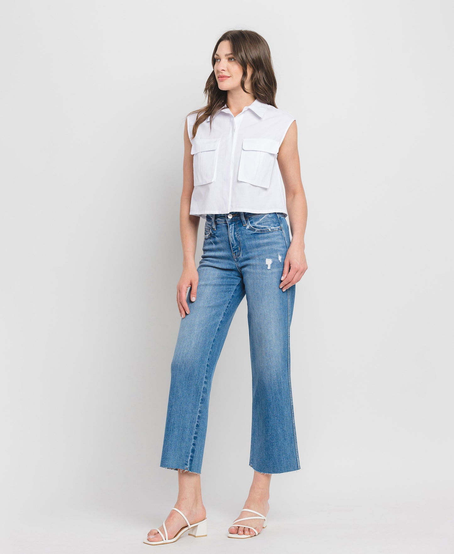 Left 45 degrees product image of Supported - High Rise Raw Hem Slim Wide Leg Jeans