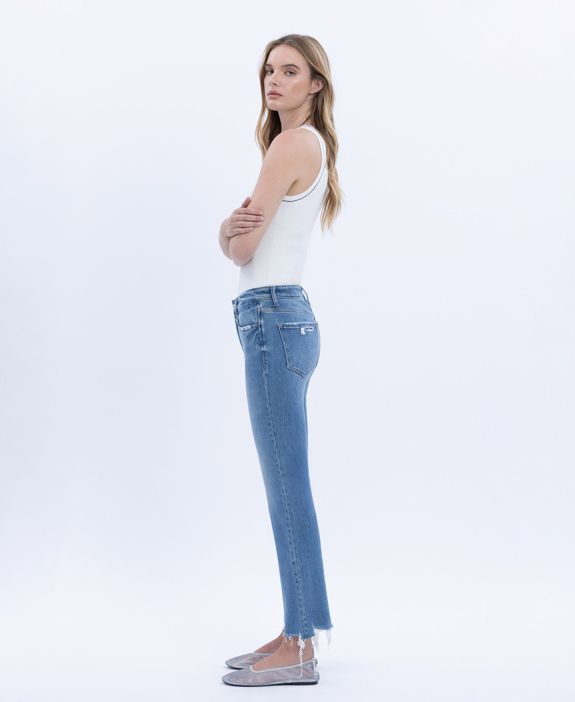 Left 45 degrees product image of Panoramic - High Rise Distressed Hem Kick Flare Jeans