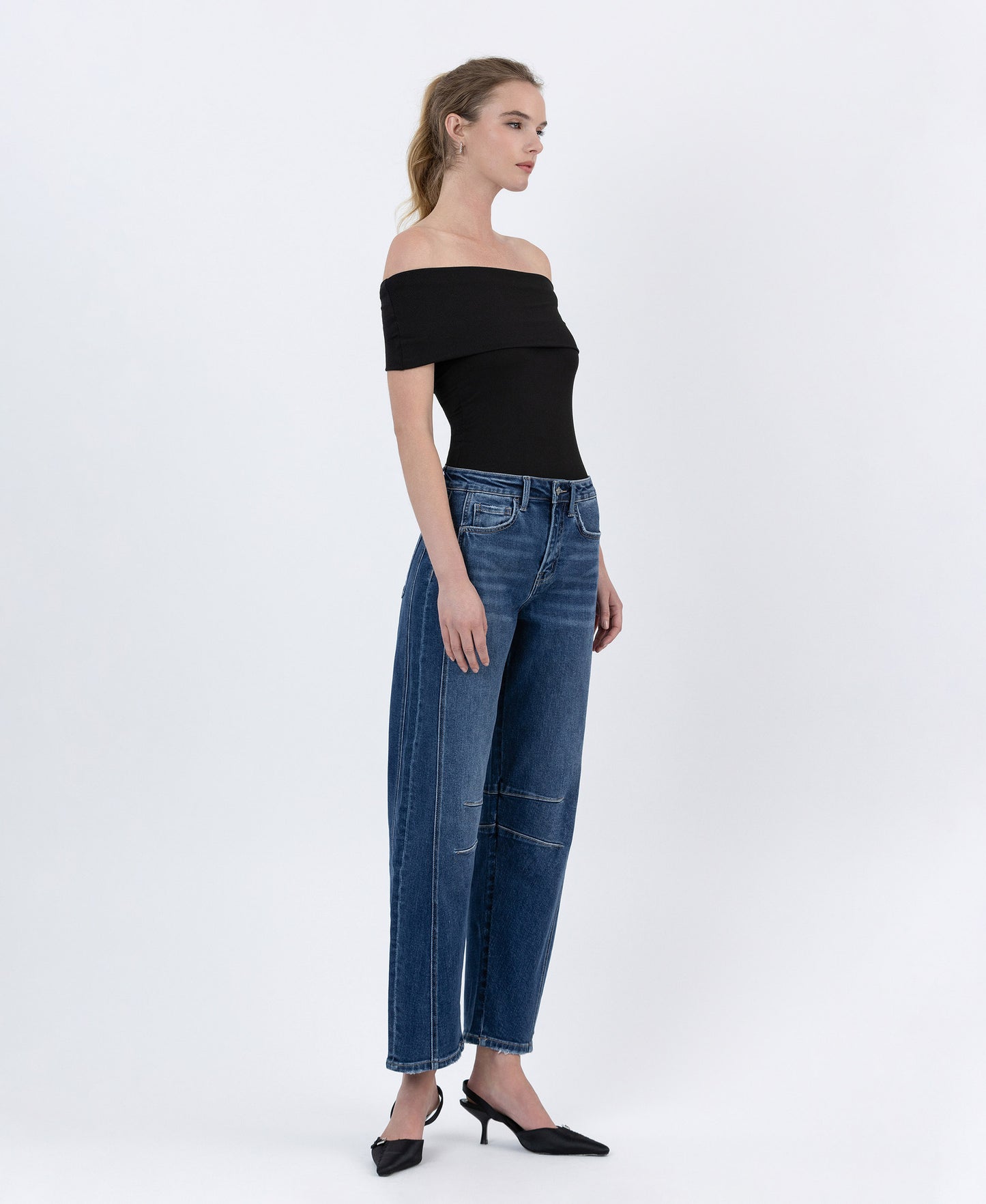 Right 45 degrees product image of Dark Wash - High Rise Barrel Leg Jeans