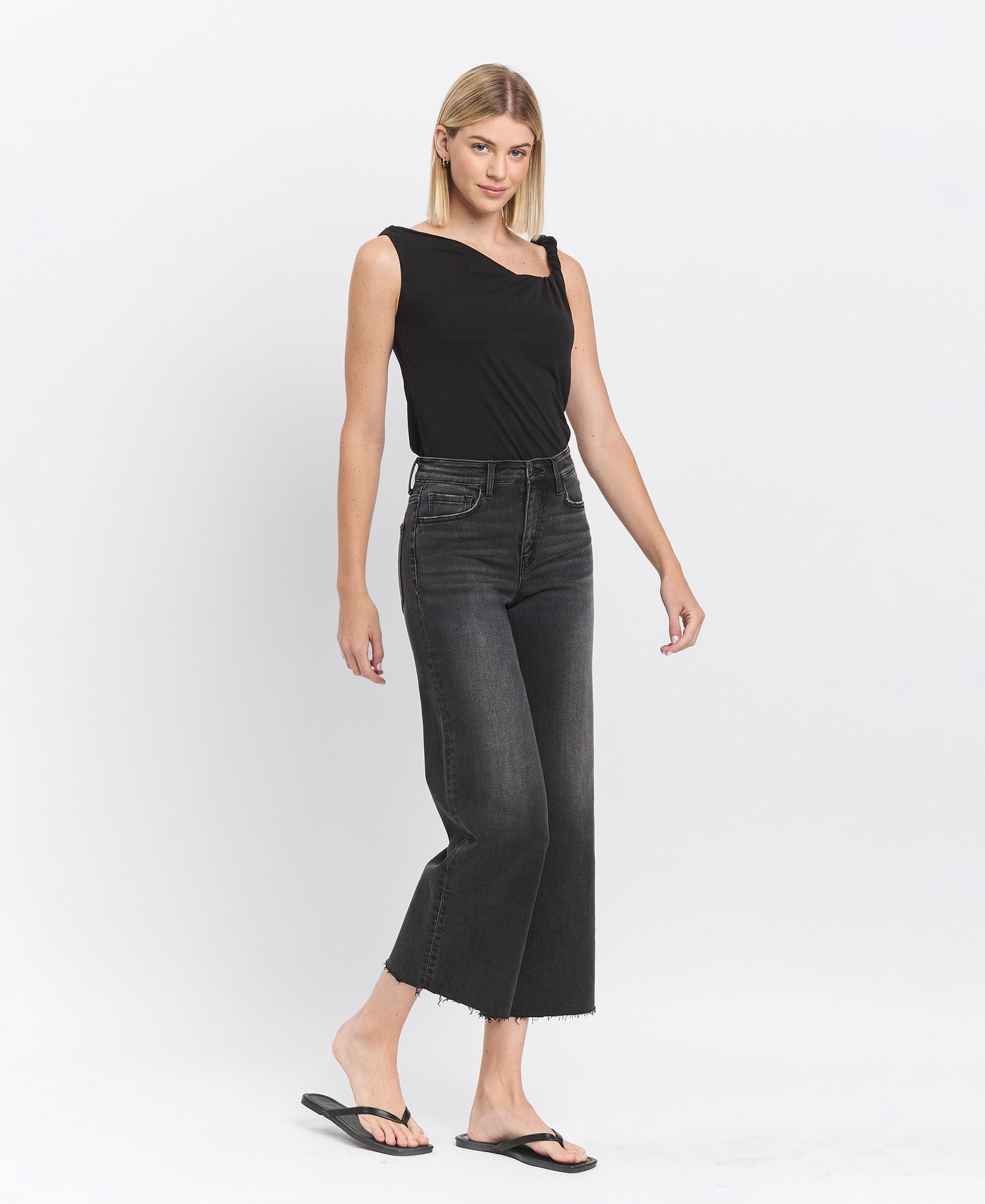 Right 45 degrees product image of Acerbic - High Rise Clean Cut Raw Hem Crop Wide Leg Jeans
