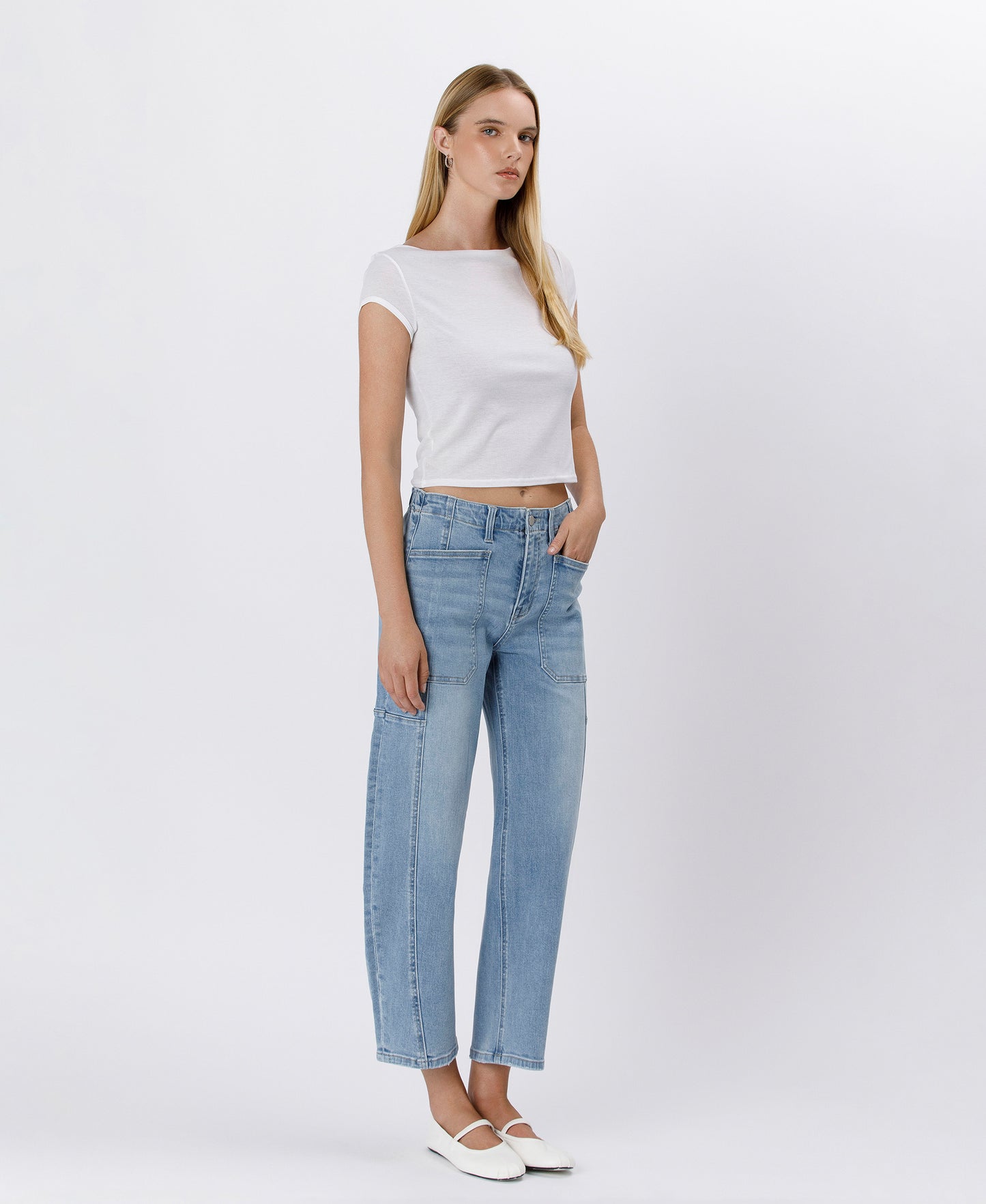 Right 45 degrees product image of Accomplishments - Super High Rise Elastic Band Barrel Leg Jeans