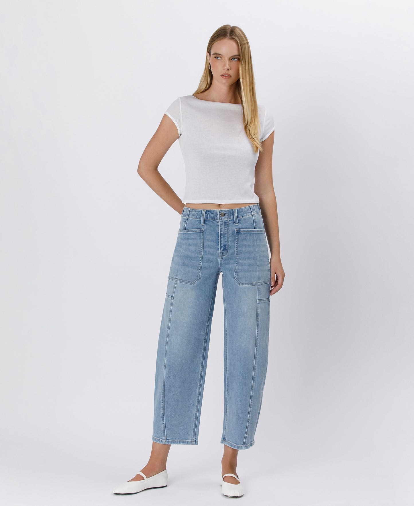 Front product images of Accomplishments - Super High Rise Elastic Band Barrel Leg Jeans