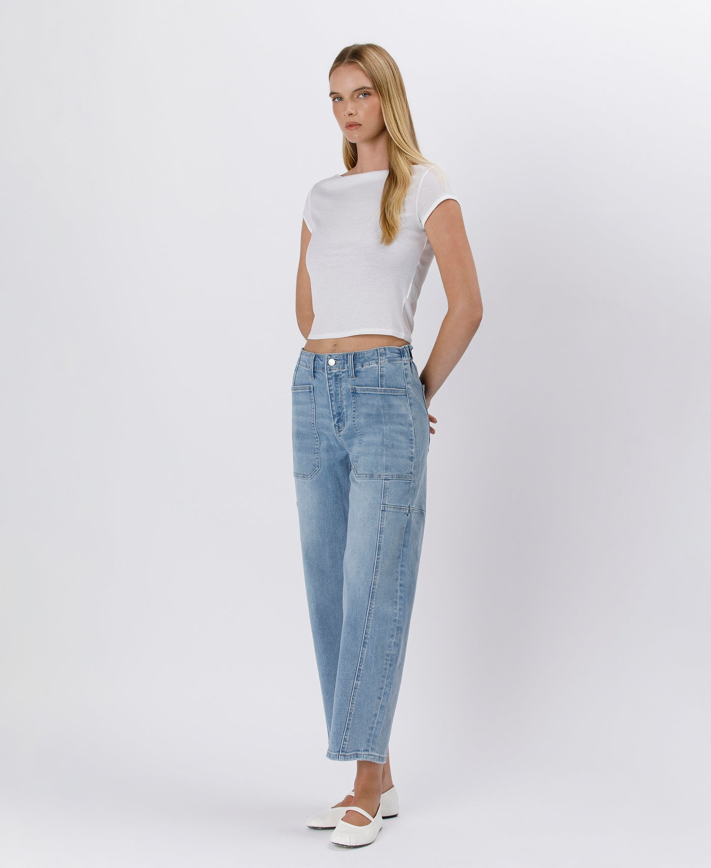 Left 45 degrees product image of Accomplishments - Super High Rise Elastic Band Barrel Leg Jeans