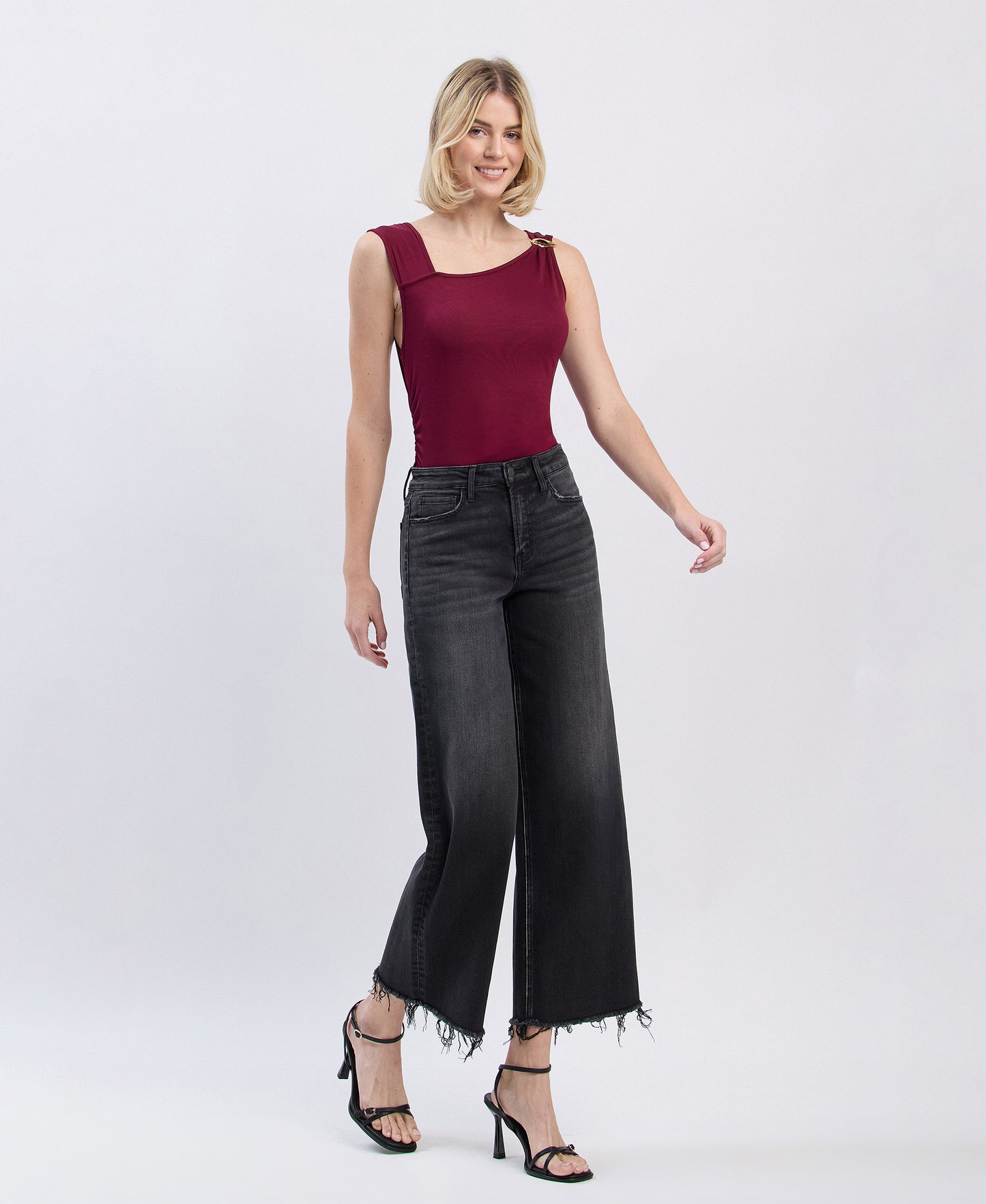 Right 45 degrees product image of Stylized - High Rise Frayed Hem Ankle Wide Leg Jeans