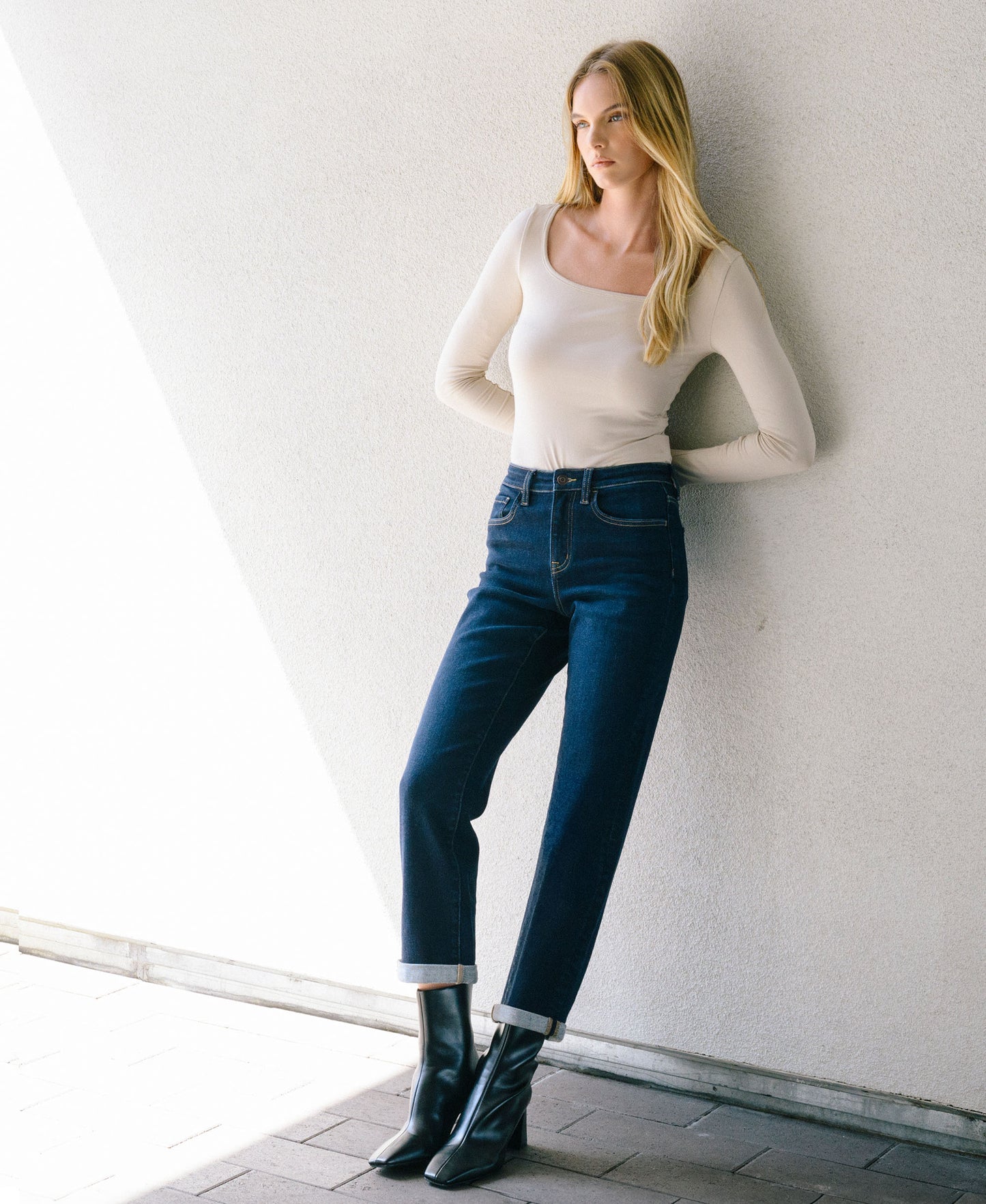 Lifestyle image of Time Away - High Rise Cuffed Crop Straight Jeans
