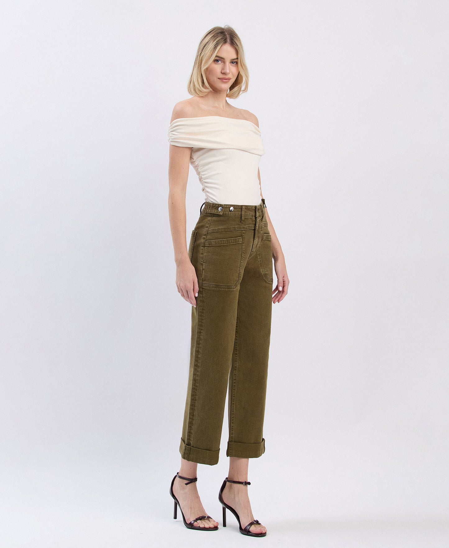 Right 45 degrees product image of Dark Olive - High Rise Tab Waistband Cuffed Slim Wide Leg Jeans
