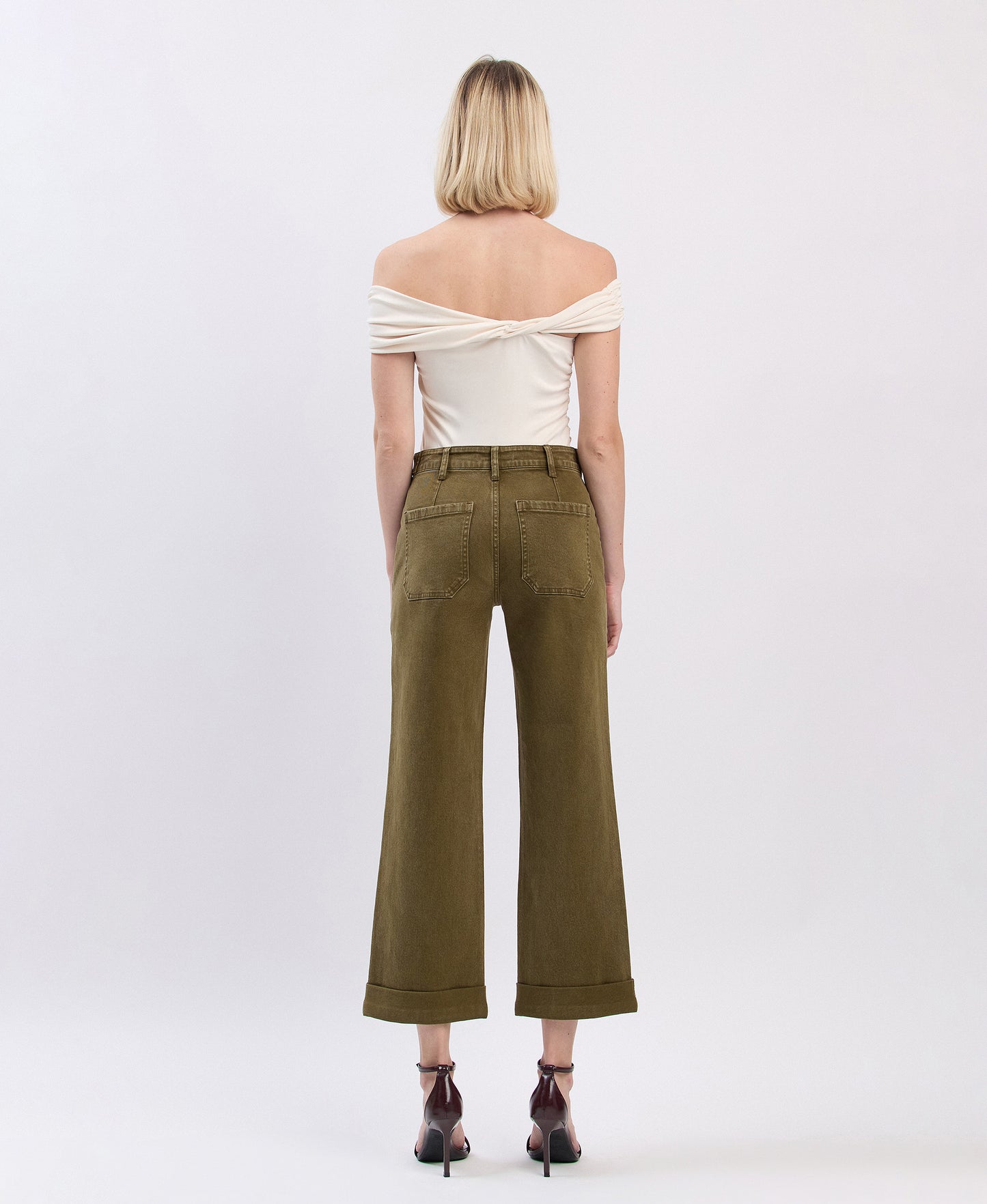 Back product images of Dark Olive - High Rise Tab Waistband Cuffed Slim Wide Leg Jeans
