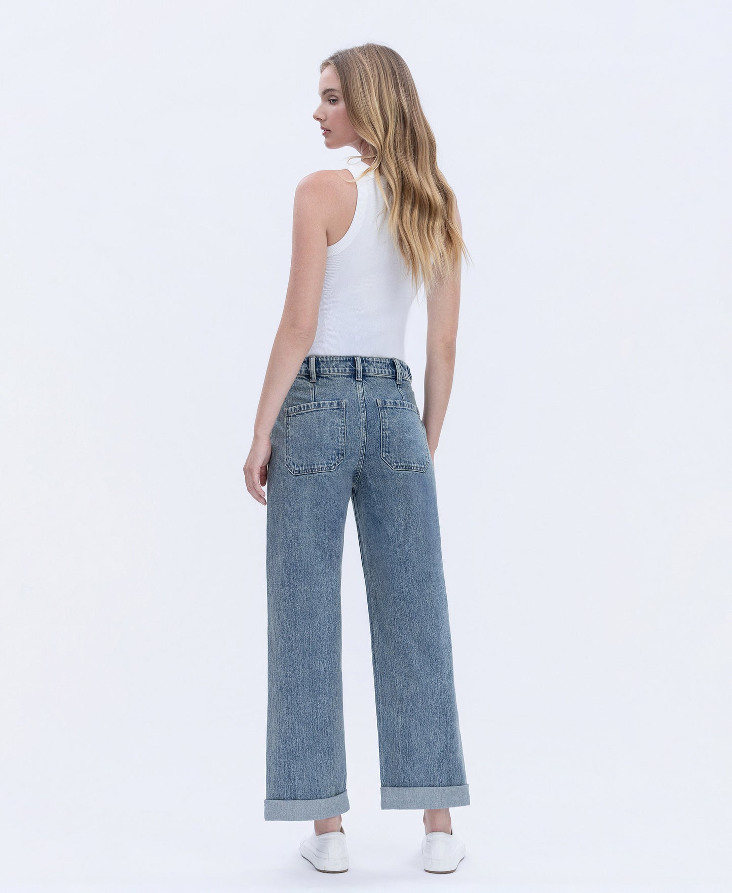Back product images of Medium Denim - High Rise Tabbed Waistband Cuffed Slim Wide Leg Jeans