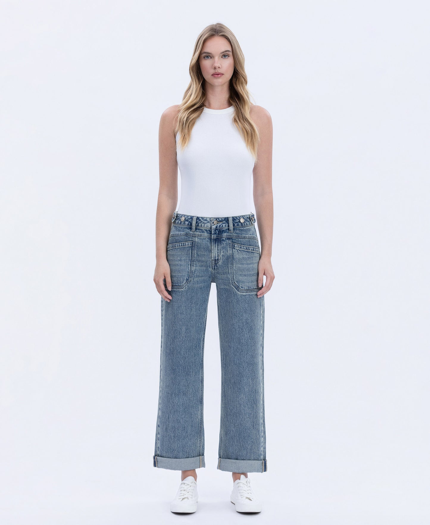 Front product images of Medium Denim - High Rise Tabbed Waistband Cuffed Slim Wide Leg Jeans