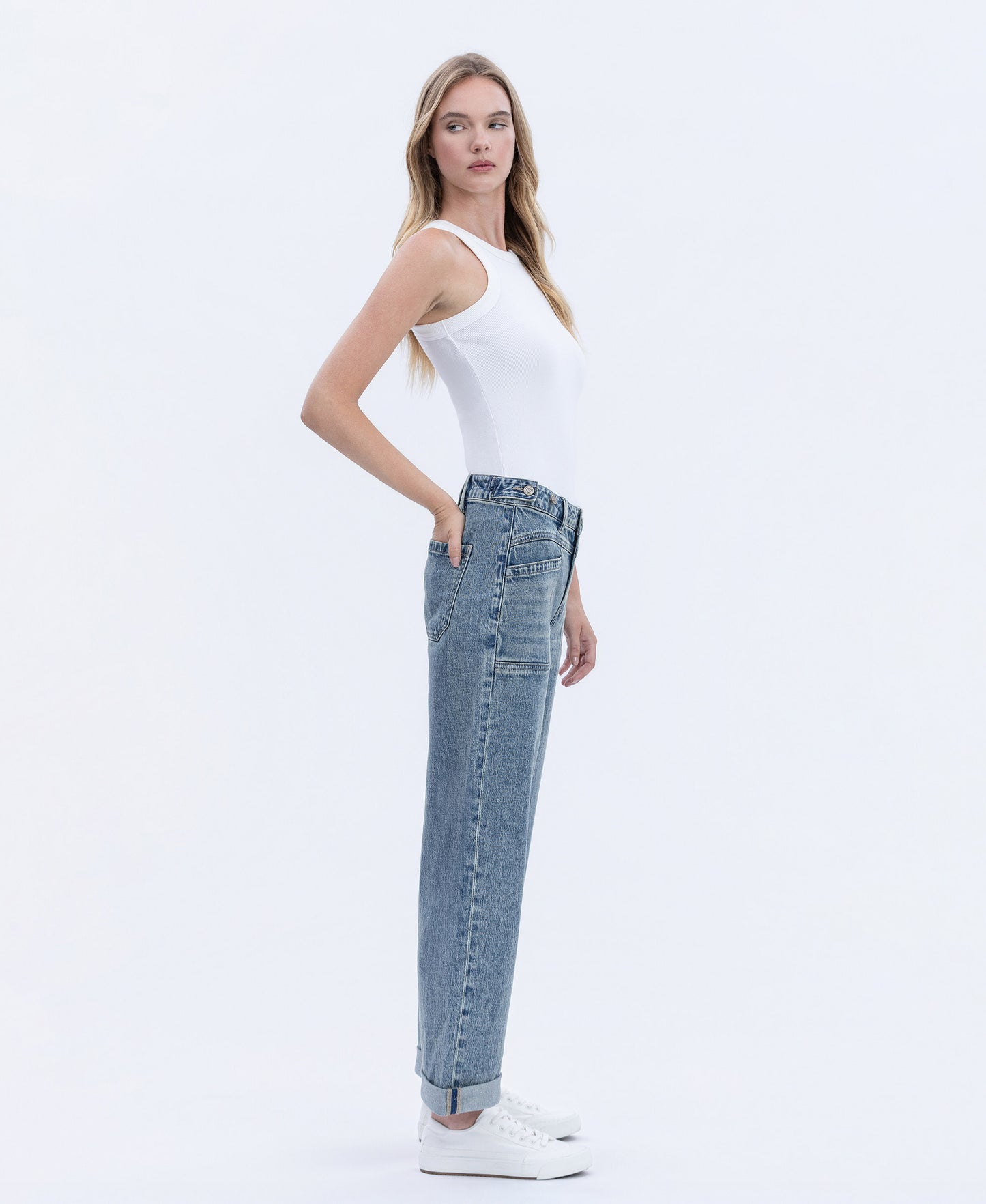 Right side product images of Medium Denim - High Rise Tabbed Waistband Cuffed Slim Wide Leg Jeans