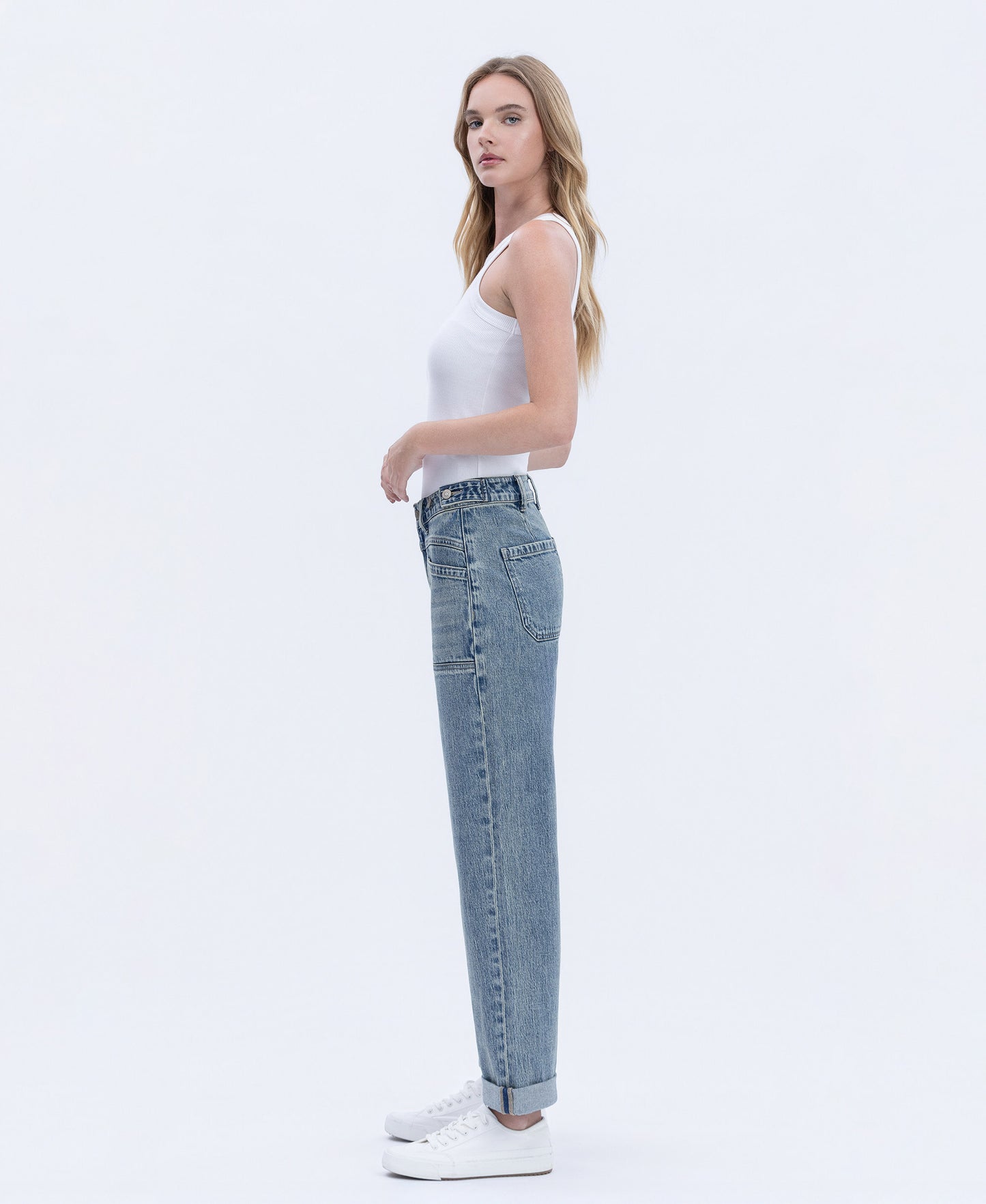 Left side product images of Medium Denim - High Rise Tabbed Waistband Cuffed Slim Wide Leg Jeans
