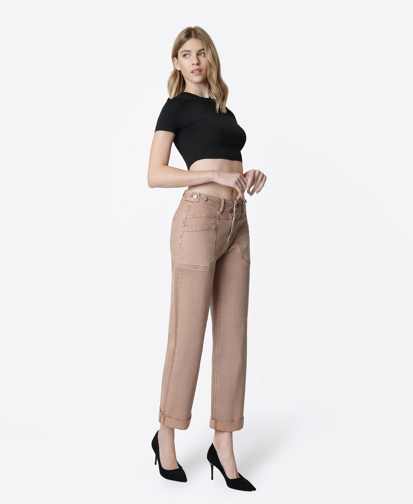 Right 45 degrees product image of Warm Taupe - High Rise Tab Waistband Slim Wide Leg Jeans