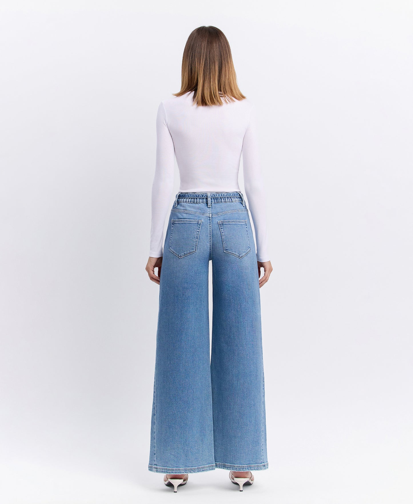 Back product images of Clinquant - High Rise Elastic Tie Waistband Baggy Wide Leg Jeans