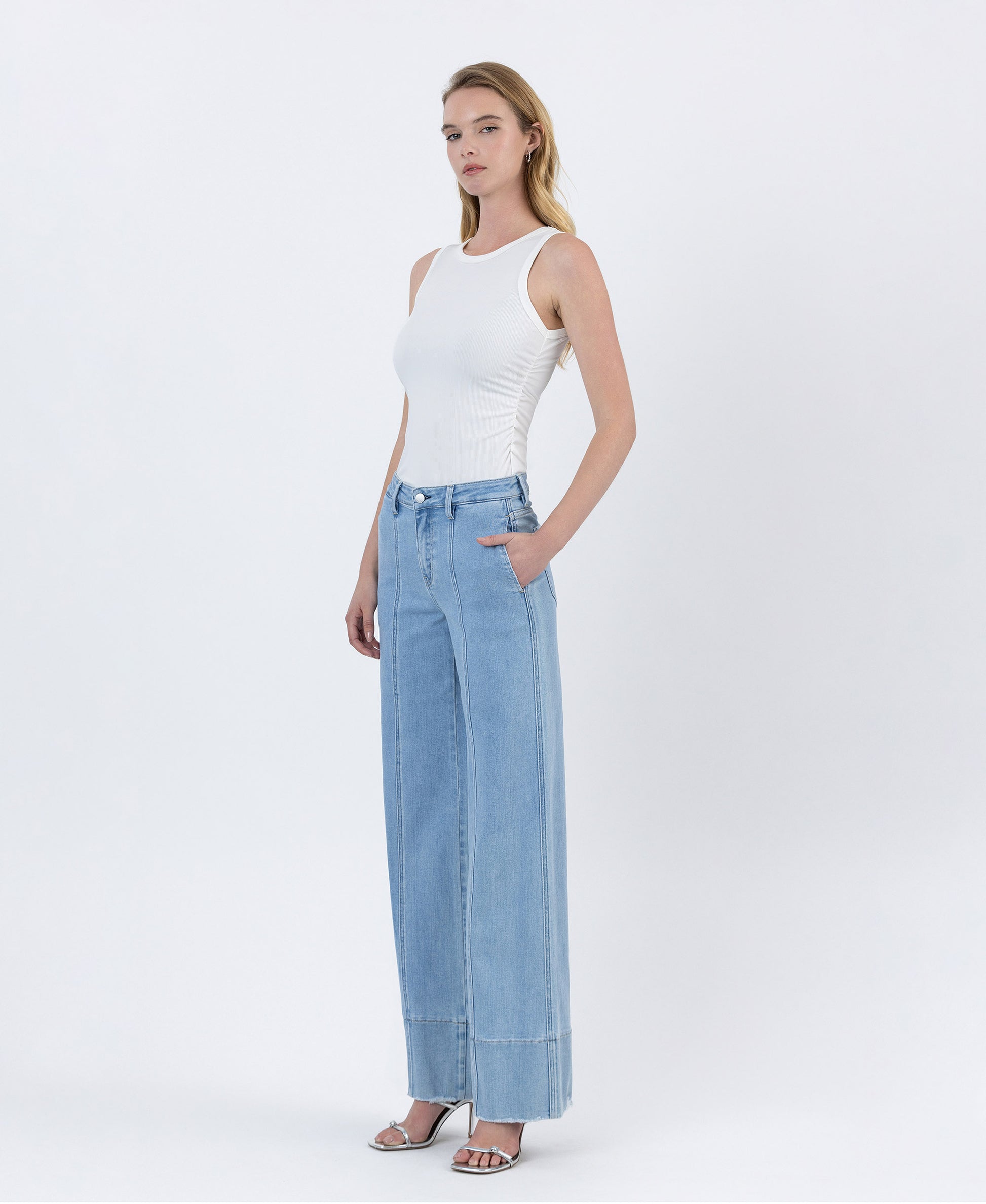 Left 45 degrees product image of Waterfall - High Rise Side Pocket Wide Leg Trouser Jeans