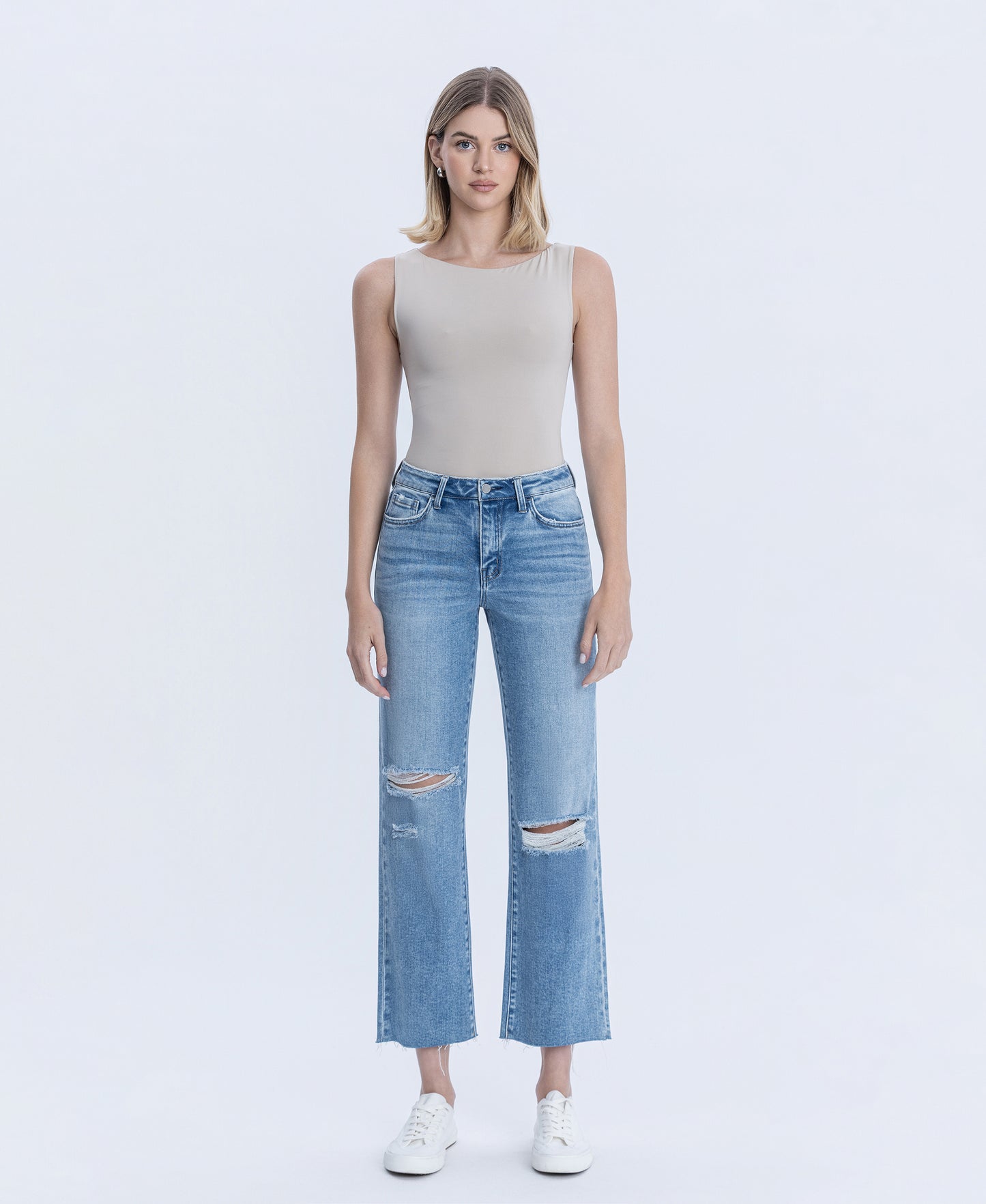 Front product images of Peggy - High Rise Raw Hem Crop Slim Wide Leg Jeans