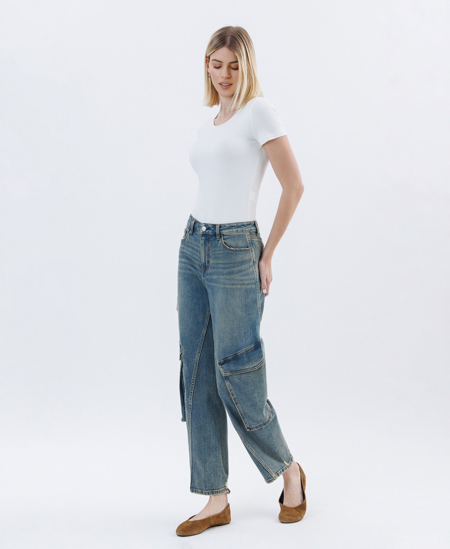 Left 45 degrees product image of Dreamland - Super High Rise Cargo Pocket Barrel Leg Jeans