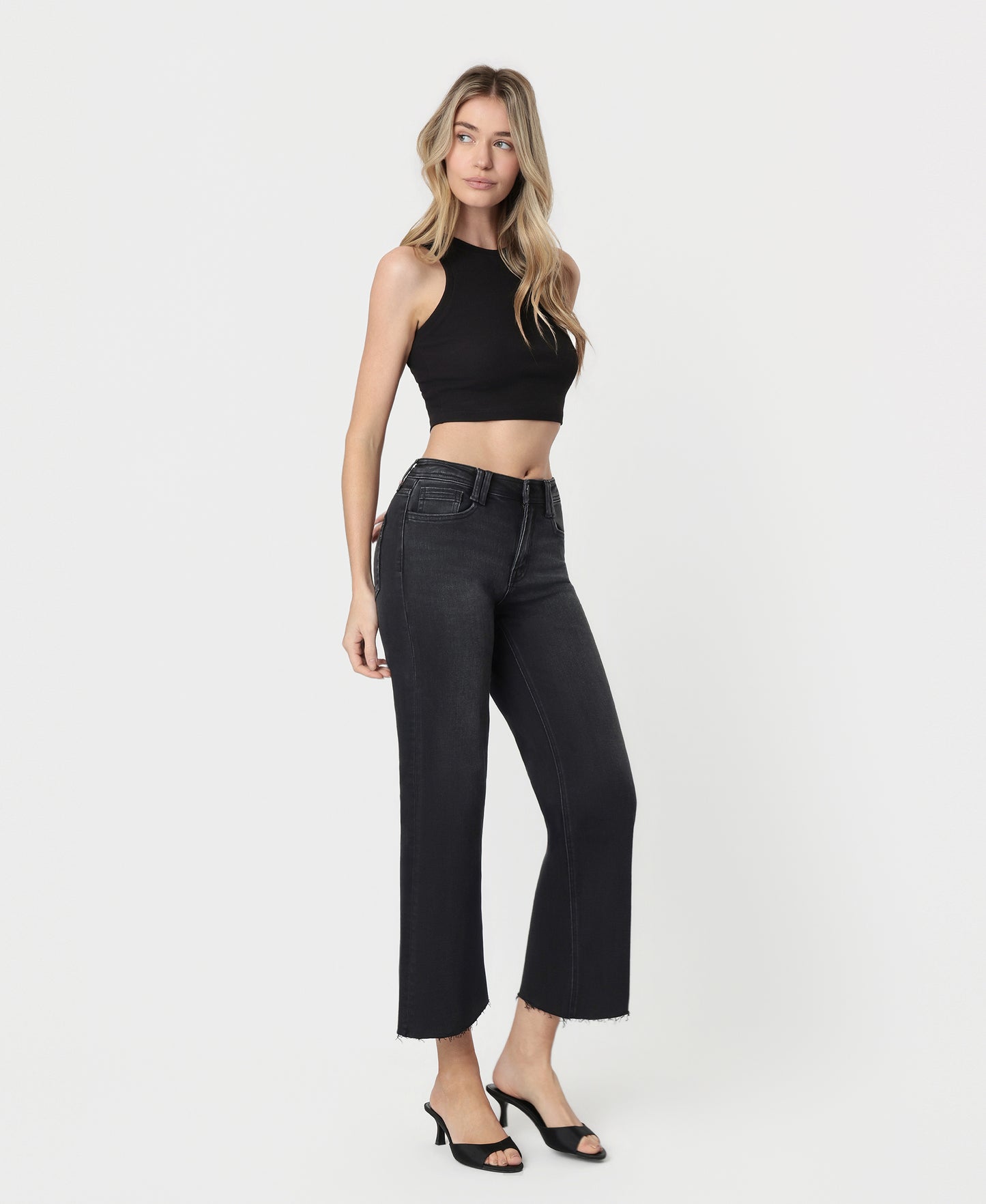Right 45 degrees product image of Xavier - High Rise Raw Hem Ankle Wide Leg Jeans