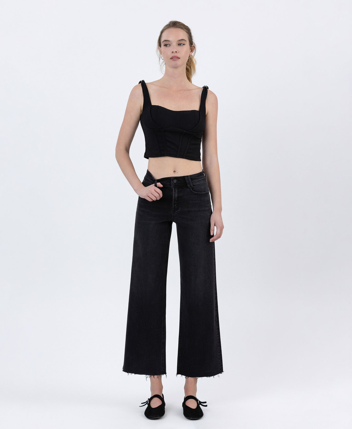 Front product images of
Xavier - High Rise Raw Hem Ankle Wide Leg Jeans