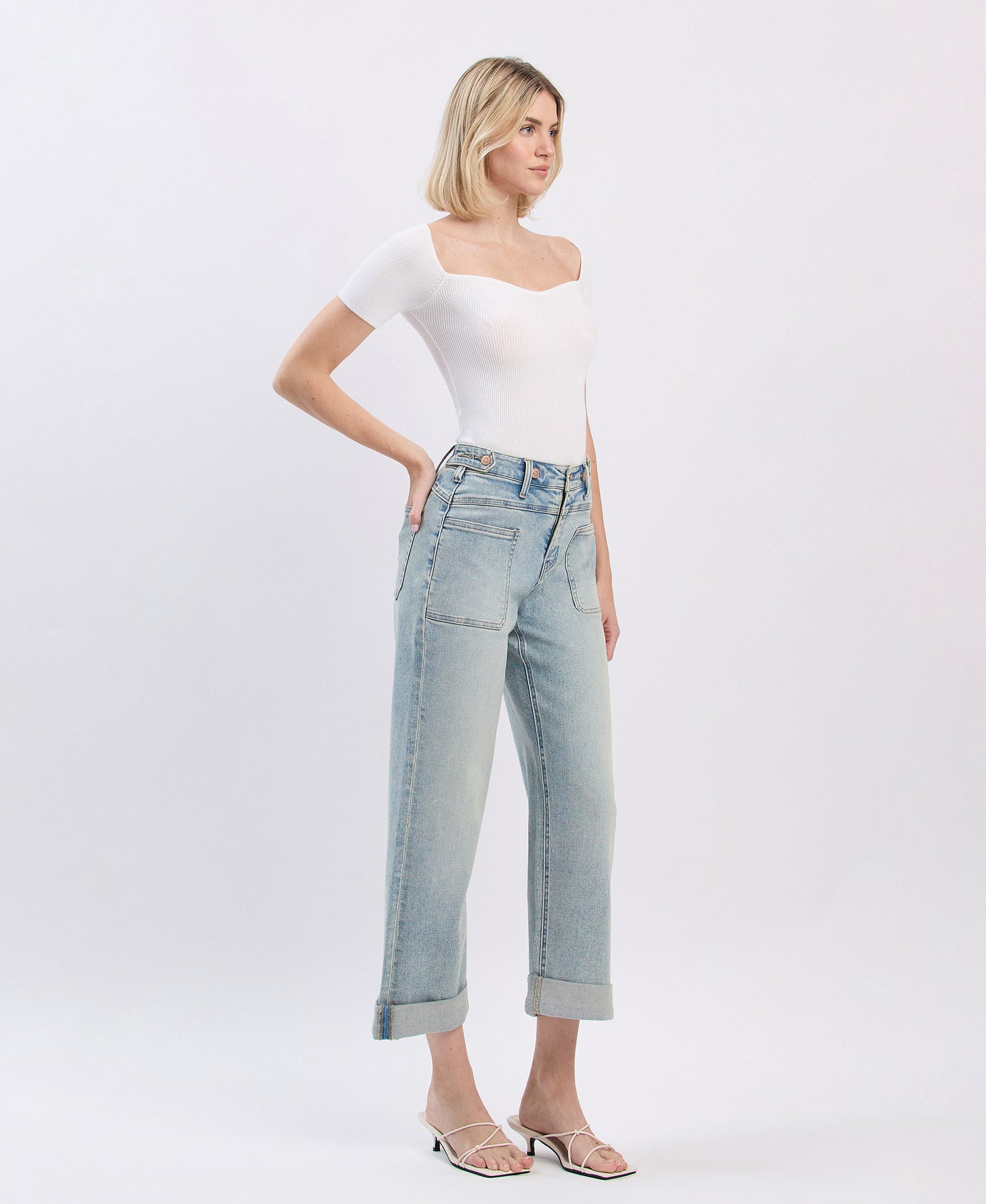 Right 45 degrees product image of Commisioner - Super High Rise Tab Waistband Cuff Slim Wide Jeans