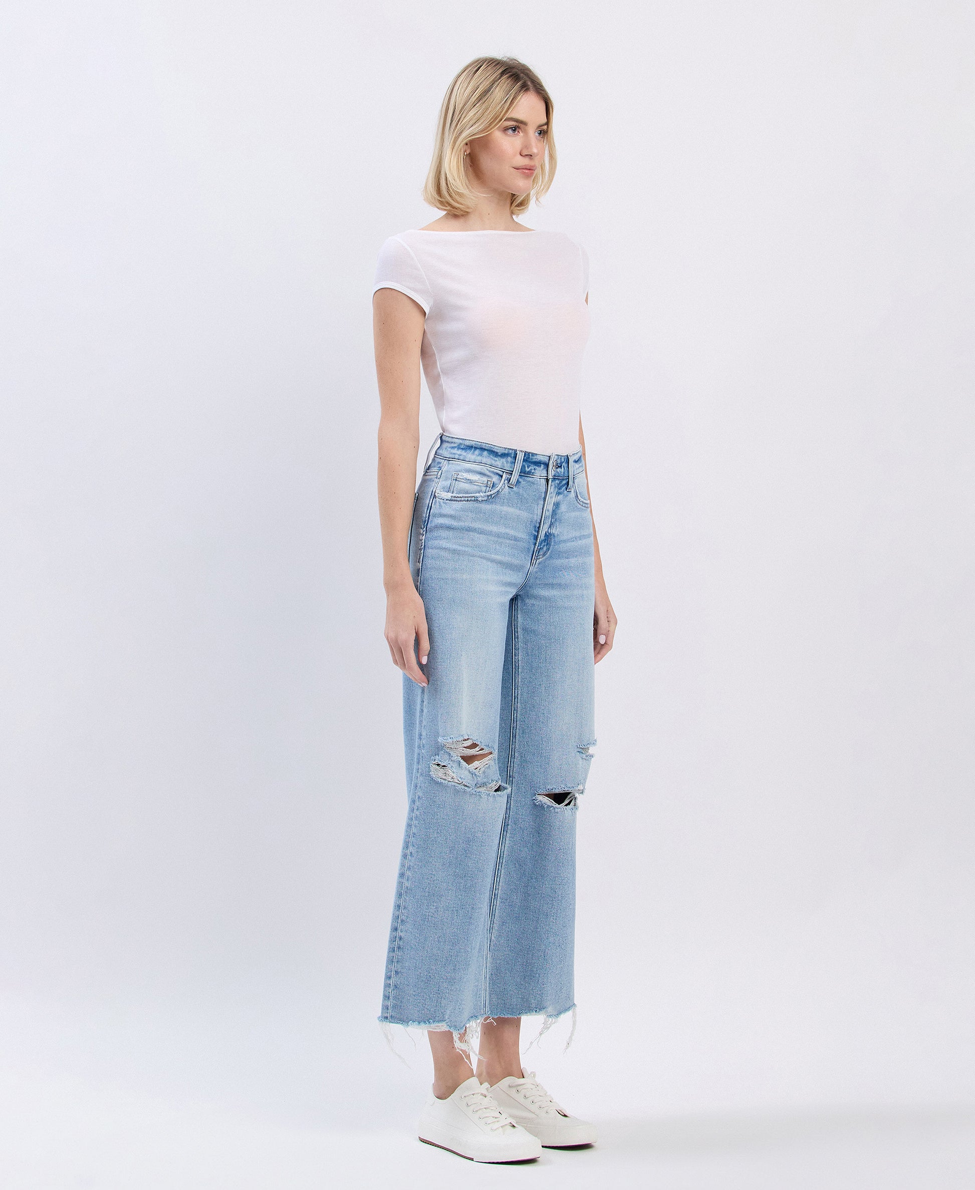 Right 45 degrees product image of Surf Rider - High Rise Distressed Crop Wide Leg Jeans