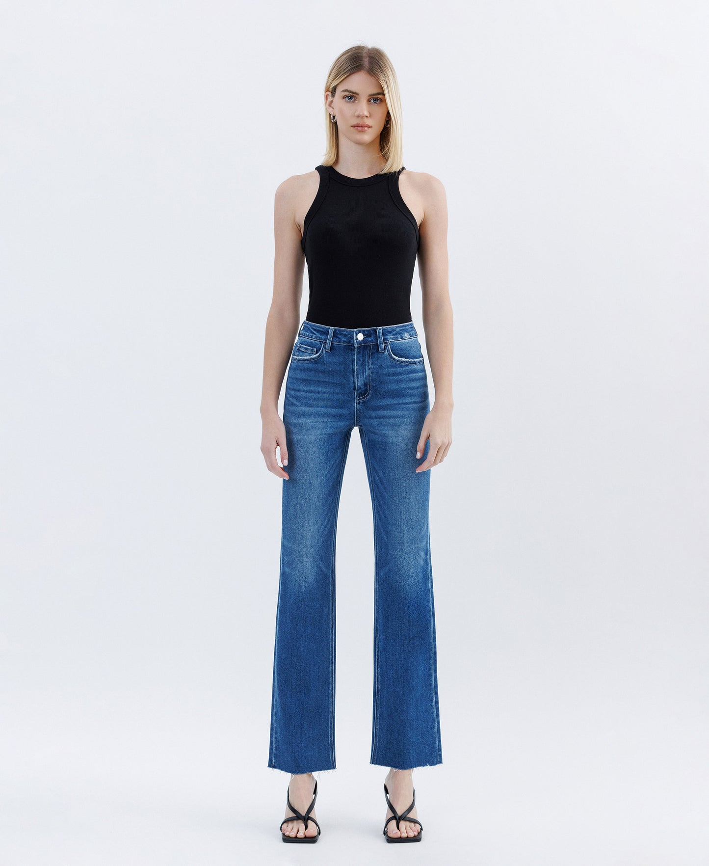 Front product images of Raptureously - High Rise Clean Cut Raw Hem Straight Jeans