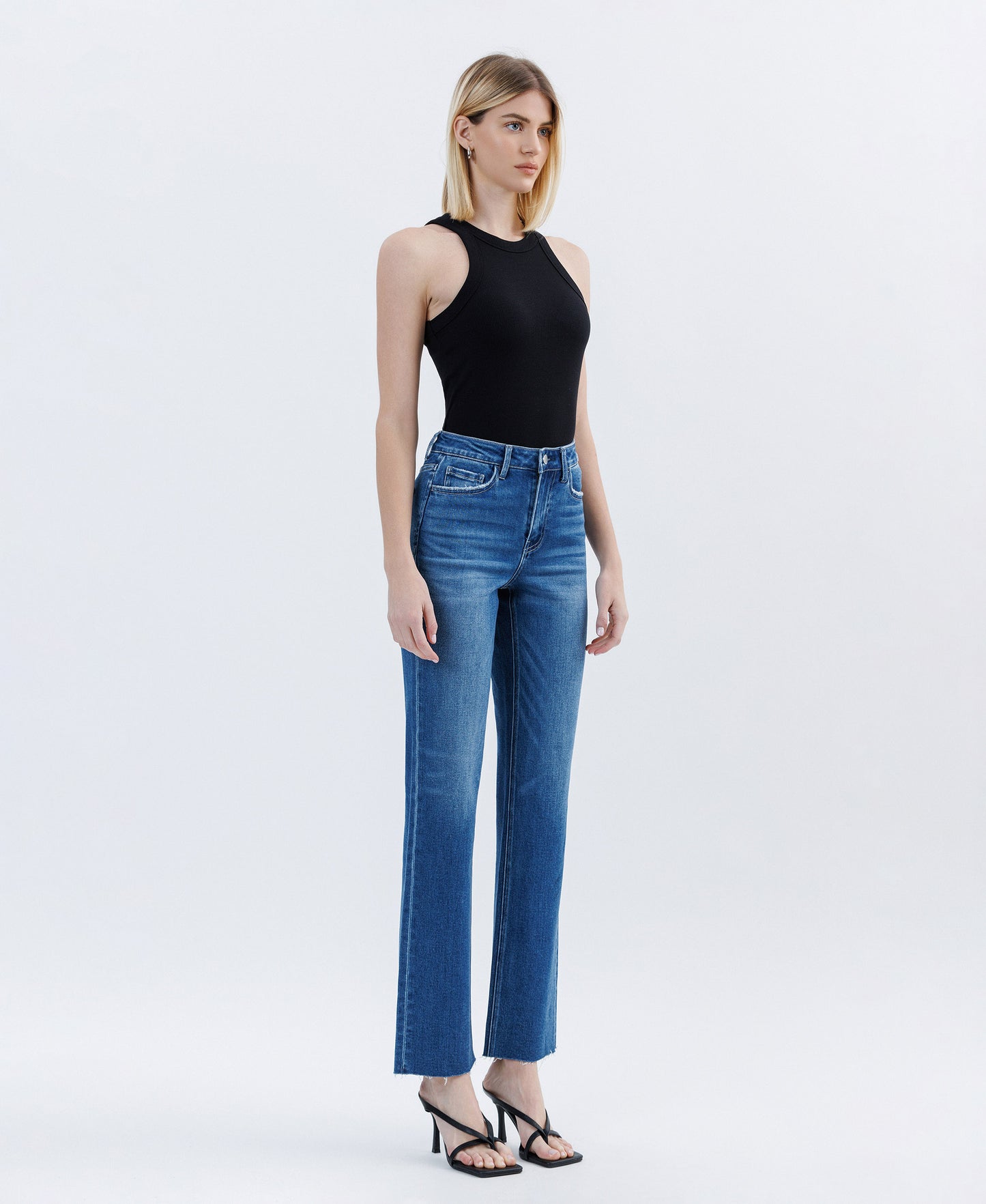 Right 45 degrees product image of Raptureously - High Rise Clean Cut Raw Hem Straight Jeans